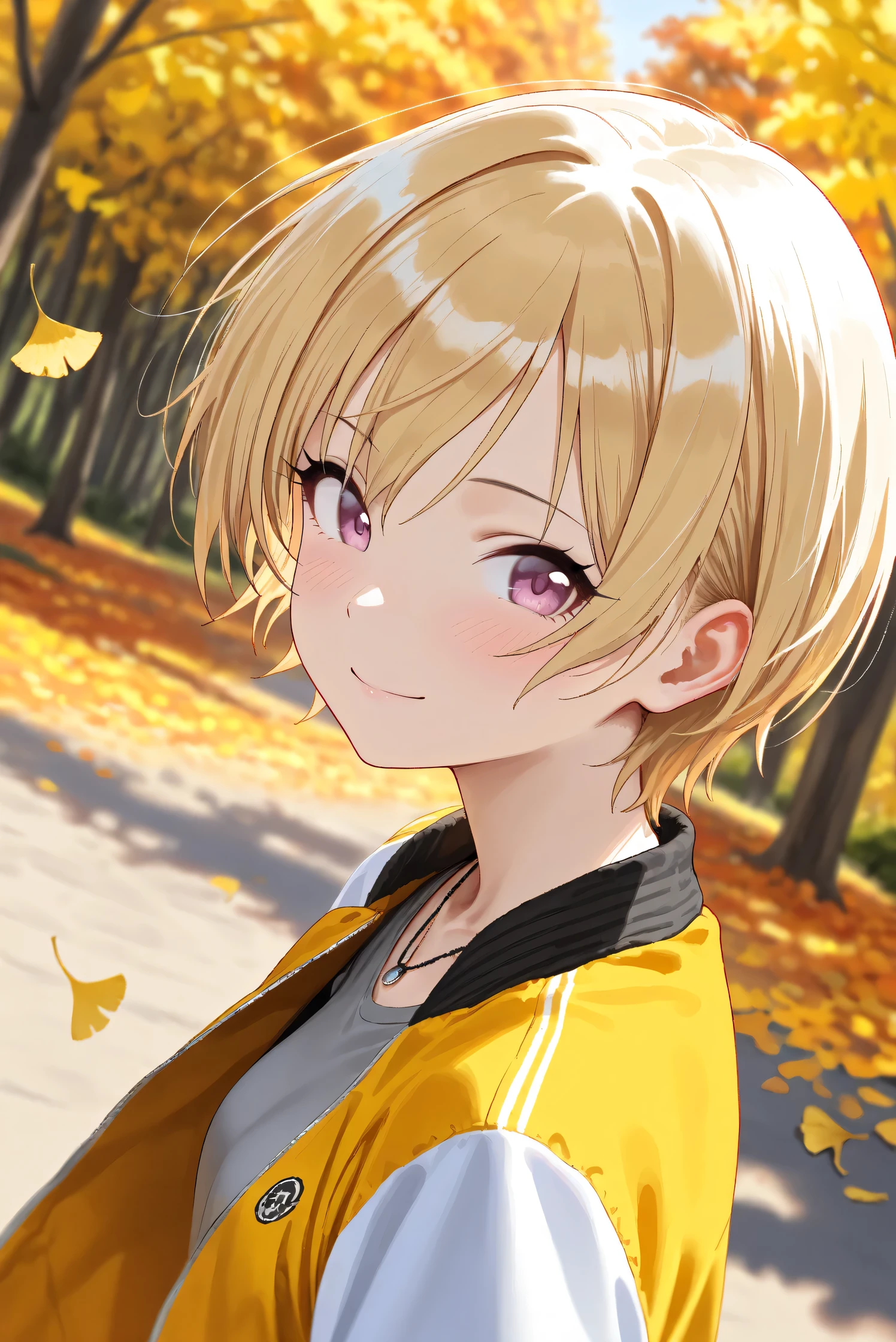 (Masterpiece), (Highest quality), (Very detailed), 
(The best shape), (Best Shadow), (Absurd), 
(Detailed background), (So beautiful), Shiny , 
Beautiful eyes in every detail, Extraordinary, Countershading, 8k, 32K, High resolution, 
Very Detailed CG,

Score_9, Score_8_up, Score_7_up, Source_anime, 
(Pastel painting:1.2), (Watercolor painting:1.2),
(Masterpiece, Detailed:1.2), (Foreshortening:1.2),

Cinematic, Dramatic, (Depth of field:1.4),
(Blurry background:1.4), (Realistic background:1.4),
Dynamic angle, 
1 girl,
Autumn, Outdoor, Nature, Park, Wind,
Autumn leaves, Ginkgo,
Scenery, Autumnforrestmb, Autumn, Forest, Tree, Nature, Outdoors, 

Saijo Juri,
the idolmaster shiny colors,
juri saijo, short hair, blonde hair, purple eyes, small breasts,

(Casual wear:1.3), 
T-shirts, (Gray t-shirts:1.3), 
Souvenir jacket, Yellow jacket, (Long sleeves jacket:1.2), White sleeves, 
Necklace,

Portrait, (focus on face:1.1), (Close up shot:1.1),
(Blush:1.3), smile, happy, looking back,
Realistic skin, Shiny skin,