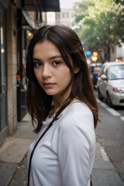 Photo d'une femme brune de 20 ans, qui a un visage très naturel, Lèvres fines, yeux fins, sourcils fins, nez fin, gros seins, des boucles d'oreilles, long cils. Elle fait un joli selfie dans un café