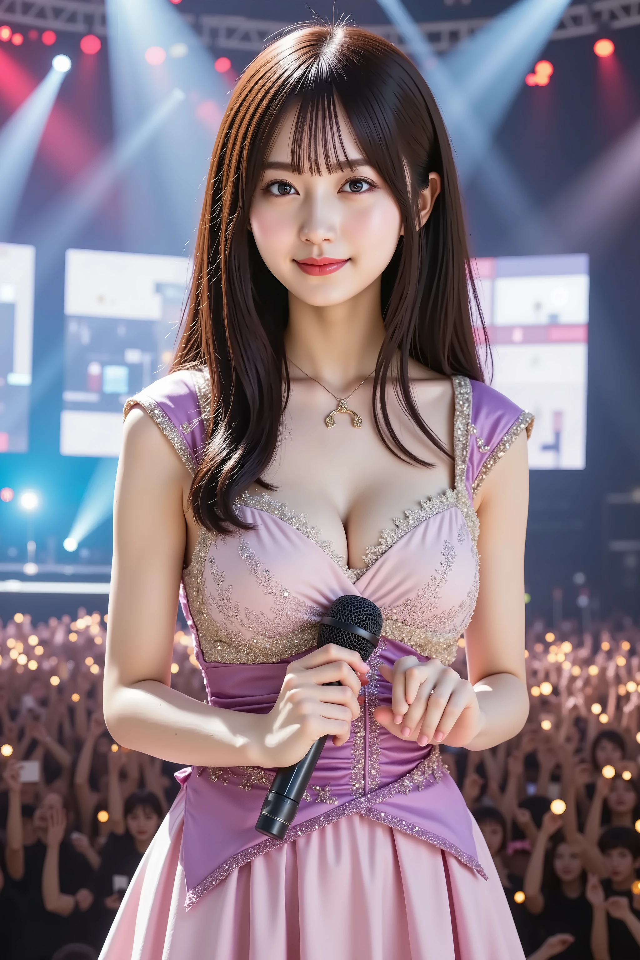 A highly detailed, ultra-realistic digital illustration of a beautiful young Asian female idol performing on a grand, brightly lit live concert stage. She is depicted from the waist up, ensuring her entire head is within the frame. Her long, voluminous chestnut brown hair cascades down her back in soft, bouncy curls, with a few strands elegantly framing her delicate face. Her expressive, almond-shaped eyes are accentuated by subtle makeup, and her lips, painted a soft pink, are slightly parted as she calls out to the audience with enthusiasm, engaging them in the moment.

She is adorned in an extravagant, colorful idol costume featuring a short, frilly skirt layered with shimmering fabrics in hues of pink, purple, and gold. The bodice is intricately designed with sequins, lace, and ribbons, creating a dazzling effect under the stage lights. Puff sleeves and a decorative choker necklace complete her ensemble, emphasizing her youthful and energetic appearance. In her right hand, she firmly holds a sleek, wireless microphone, raising it close to her lips as she passionately calls out to the audience. Her left hand is gracefully extended outward, gesturing toward the crowd as she interacts with them dynamically.

The background showcases a massive concert stage illuminated by an array of vibrant, multicolored spotlights shining in various directions, casting dynamic beams across the scene. Large LED screens display abstract visuals and patterns, enhancing the lively atmosphere. The stage floor is glossy and reflective, mirroring the dazzling lights above. In the distance, a sea of fans is visible, their silhouettes holding glowing light sticks that sway in unison, creating a mesmerizing wave of colors. The overall ambiance is electric, capturing the exhilarating energy of a live idol performance.

The image is rendered in stunning 8K resolution, capturing every intricate detail with pristine clarity, from the individual strands of her curled hair to the elaborate embell