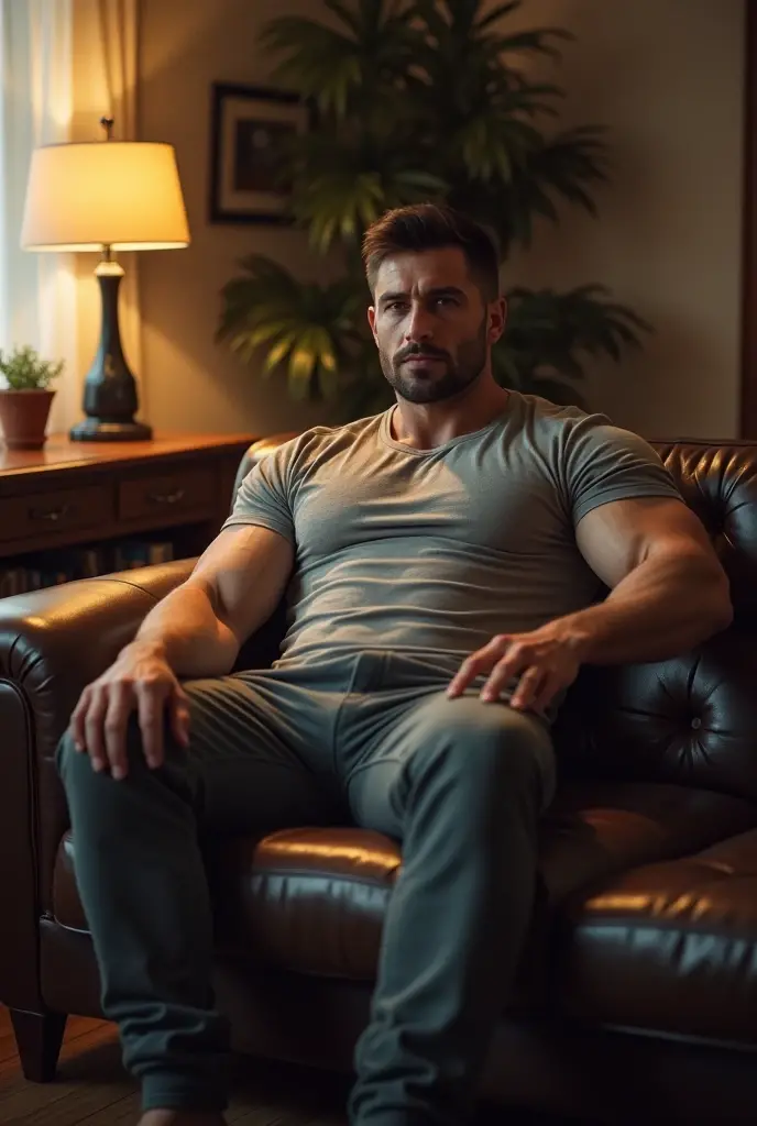 a muscular fireman relaxing after work, proudly showing off his large sweaty feet, detailed facial features, masculine body, casual outfit, dramatic lighting, cinematic composition, moody color tones, photorealistic, 8k, highly detailed