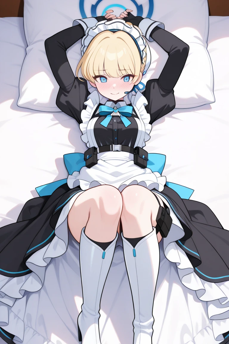 1girl, large breasts, thighhighs,solo, thigh boots, white shirt, black skirt, black footwear, (((masterpiece,high resolution,best quality))), solo,wine bottle, lying, blonde hair, on back, looking at viewer, open mouth, solo, blush, wet clothes, heart, arms up, wet, bed sheet, huge breasts, (beret :1.8), short hair, (iwanagakotoko:0.9), in bed, bedroom, bed, pervert, white panties