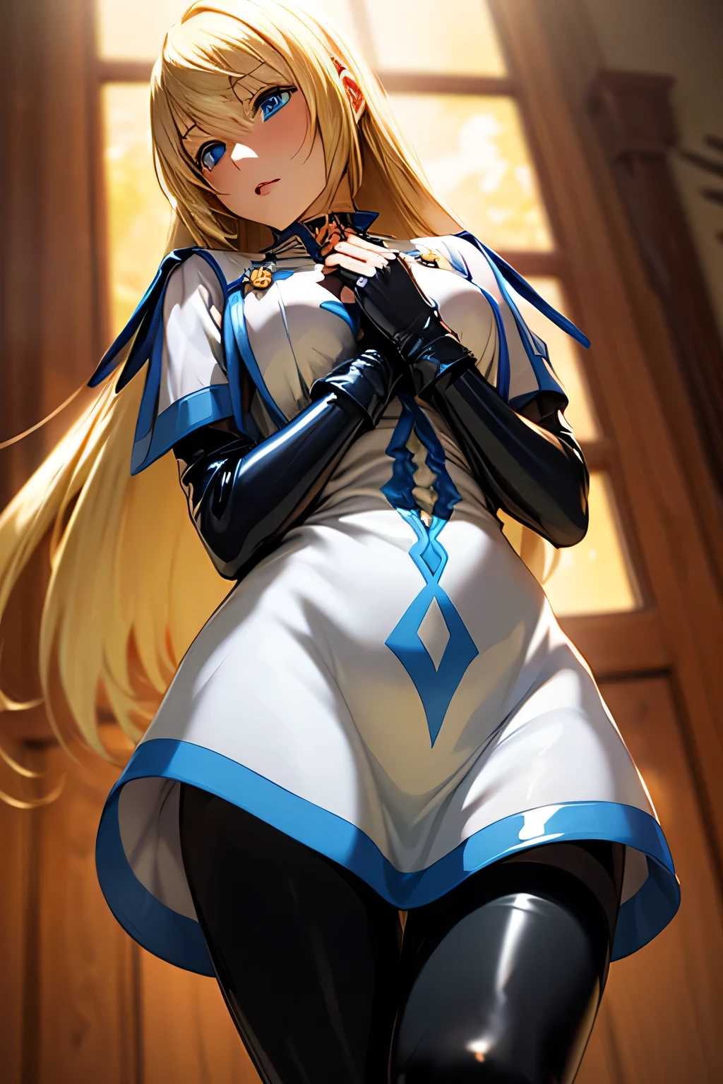 perfect anatomy Top Quality,highest resolution from vagina,(((Metallic lustrous latex dress Shiny Black Tights shiny blonde hair blue eyes girl))) TALES OF SYMPHONIA Collet Brunel