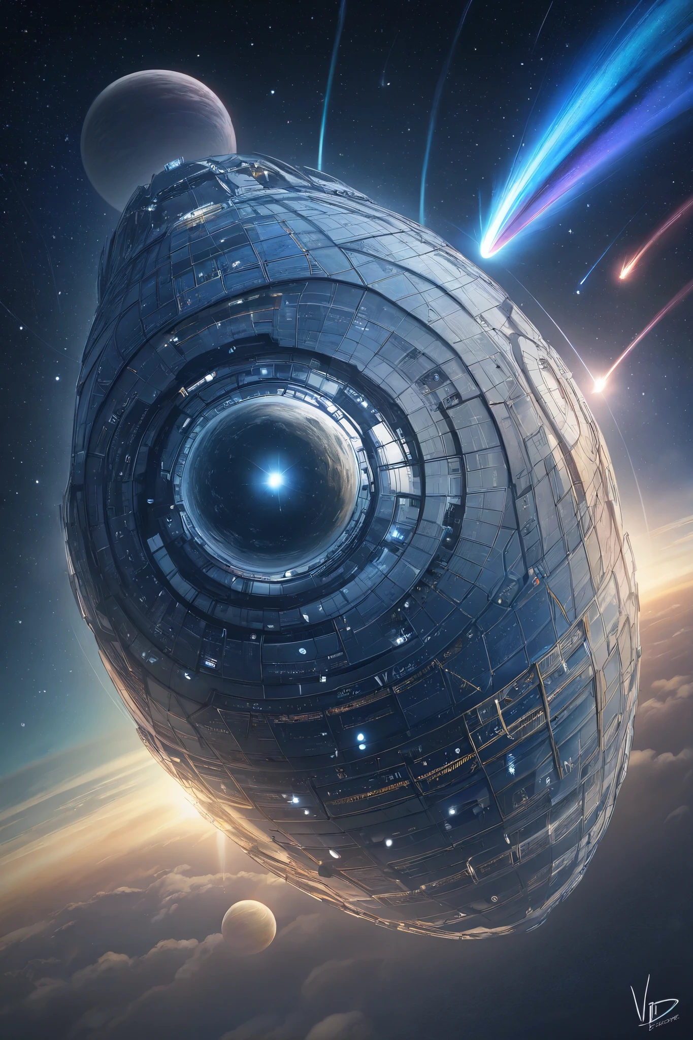 spaceship, Captain Future, comet, very detailed and beautiful design, illustrations, masterpiece, Highest quality, high resolution, 8k,  Dynamic Production, comet, Galaxy Cloud Patterns, Advanced machinery , unknown planet, Exquisite Optical Effects, Mysterious Atmosphere, Precise Textures, Shandana Scenery, Explosive Effects, Impressive realism, Perfect Reality, HDR, UHD, Studio Lighting, Ultra Fine Painting, Sharp Focus, Physically-Based Rendering, Extreme Detailed Expression, professional, vivid colors, Bokeh
