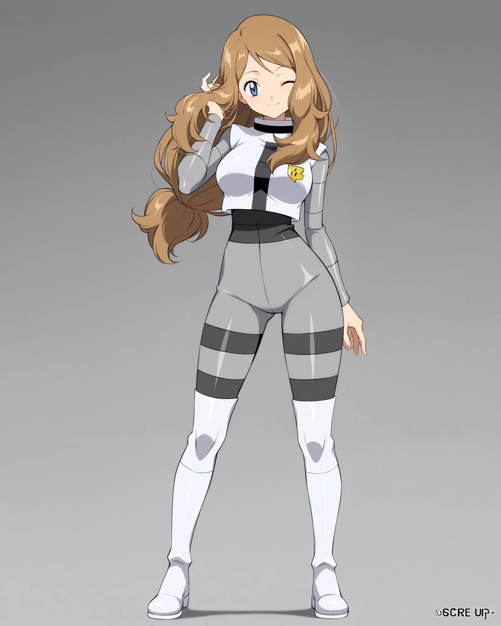 alone, solo, serena, long hair, blue eyes, brown hair, score_9, score_8_up, score_7_up, score_6_up, source_anime, anime, masterpiece, best quality, black and white top, grey bodysuit, bodysuit under clothes, grey pants, white boots, white thigh boots, team galactic symbol, standing, seductive smile, one eye closed, large breast