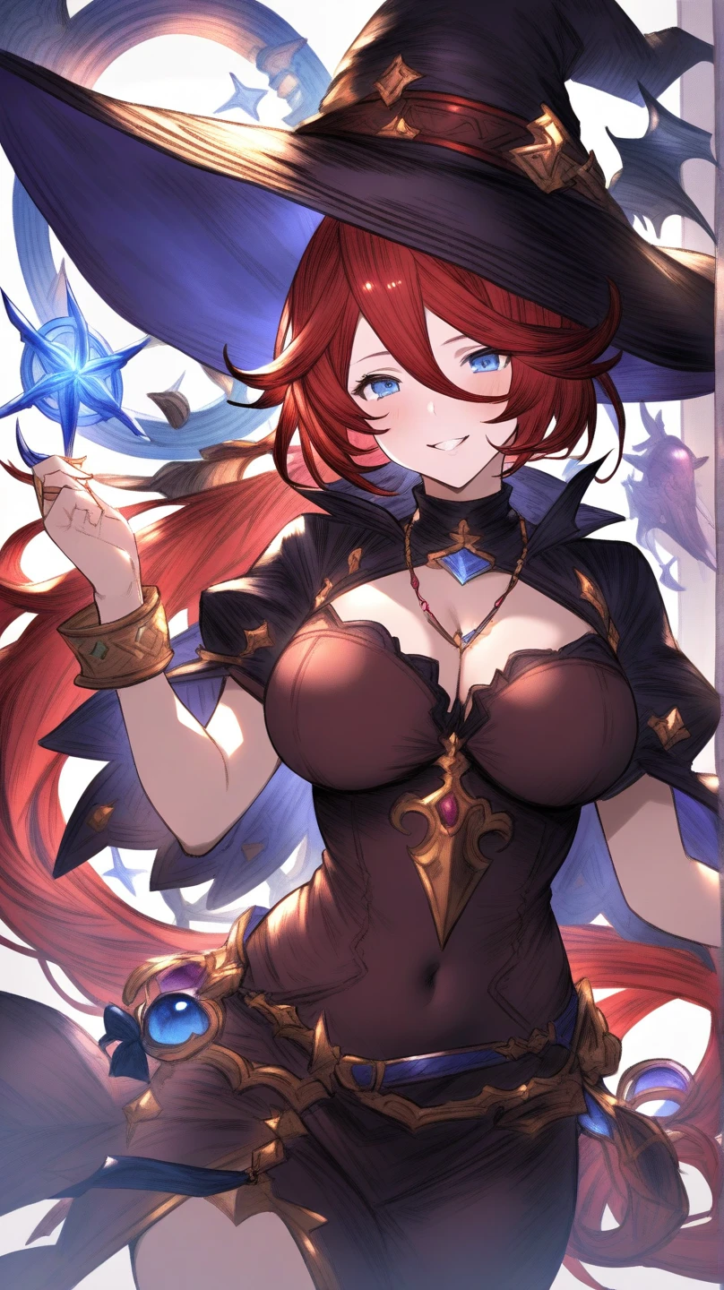 (masterpiece, best quality, high resolution), 1girl, solo, ninems, hat, witch hat, huge breasts, gloves, bare shoulders, cape, thighhighs, black legwear, ((embarrassed,trembling,open mouth,stare at viewer with stern eyes,happy), blue eyes,Watch the Viewer
