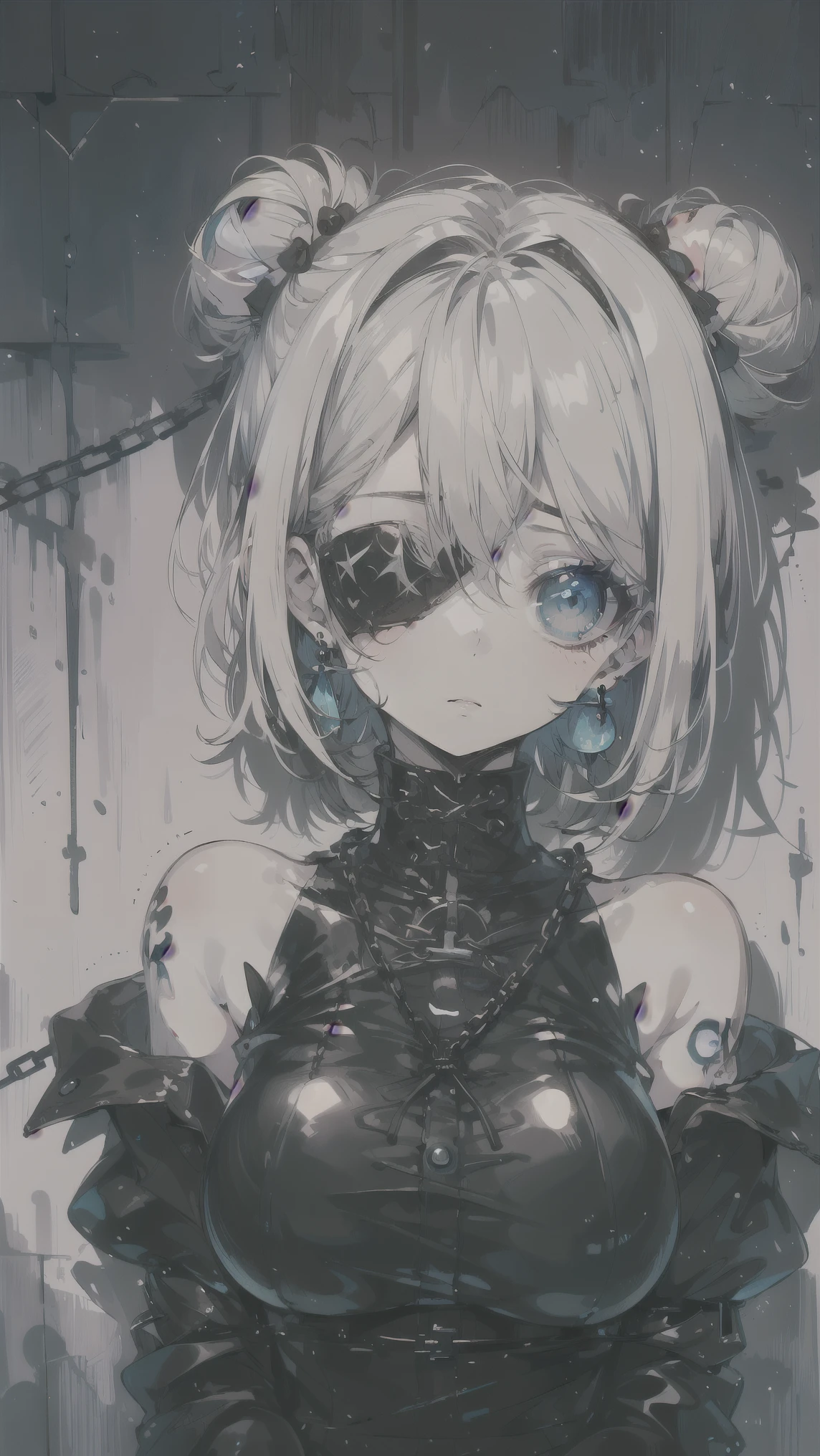 (Big Eyes:1.4)1人のgirl, , GLOVING SKIN, high contrast((mastepeice, Top Quality))(eyeshadow:1.3)(Eyelashes:1.2)girl, Blue droopy eyes,  Blonde Short Bob Hair (bungs:1.5)earrings, Viewers, bondage,leather,Bare Shoulder,upper body, Tattoo,  eyelashes, eyeshadow(nsfw, nude, restrained, chain)Eye patch on one eye