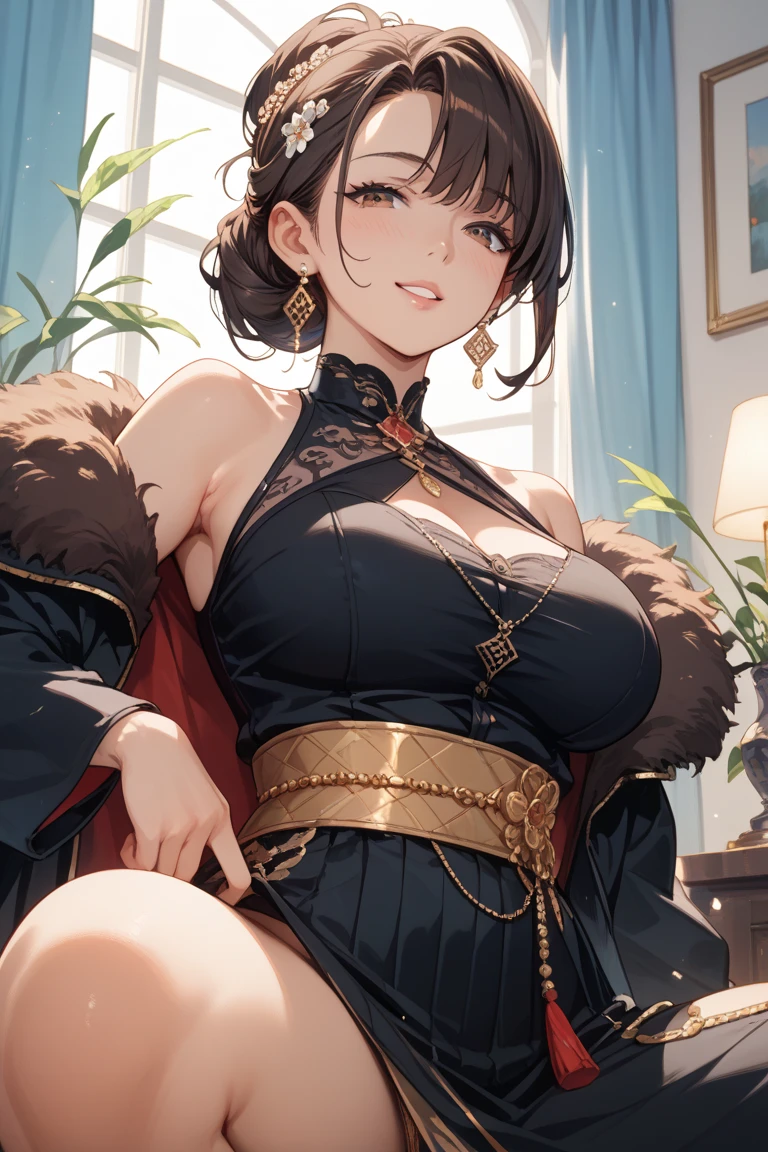 A woman with big ，Gorgeous young princess，victorian style，clavicle，Prominent and smooth underboob，golden saint，exquisite，pubic，Drawing room，kneeling，Smile，heart in eye, heart-shaped pupils, 