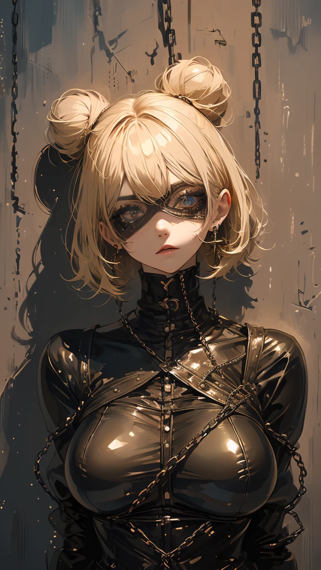 Generate a highly detailed anime-style portrait of a female character with short, blonde hair and sharp blue eyes. The art should feature expressive, semi-realistic facial features with subtle yet painterly shading. The character should be a mysterious and confident vibe. Her expression is neutral, with a slight smirk, and she wears black gloves that reflect a sleek, glossy texture. shackles and chains on her limbs, showing that she is a slave. The background should have a rich, deep red color with soft, abstract brush strokes. The overall style should blend realism with anime aesthetics, using bold outlines, detailed facial features, and dramatic lighting to create a moody and atmospheric scene. The color palette should be vibrant yet harmonized, with strong contrast between the character and the background. make her sad for be a slave. She's hurt and have one scar in her face with blood