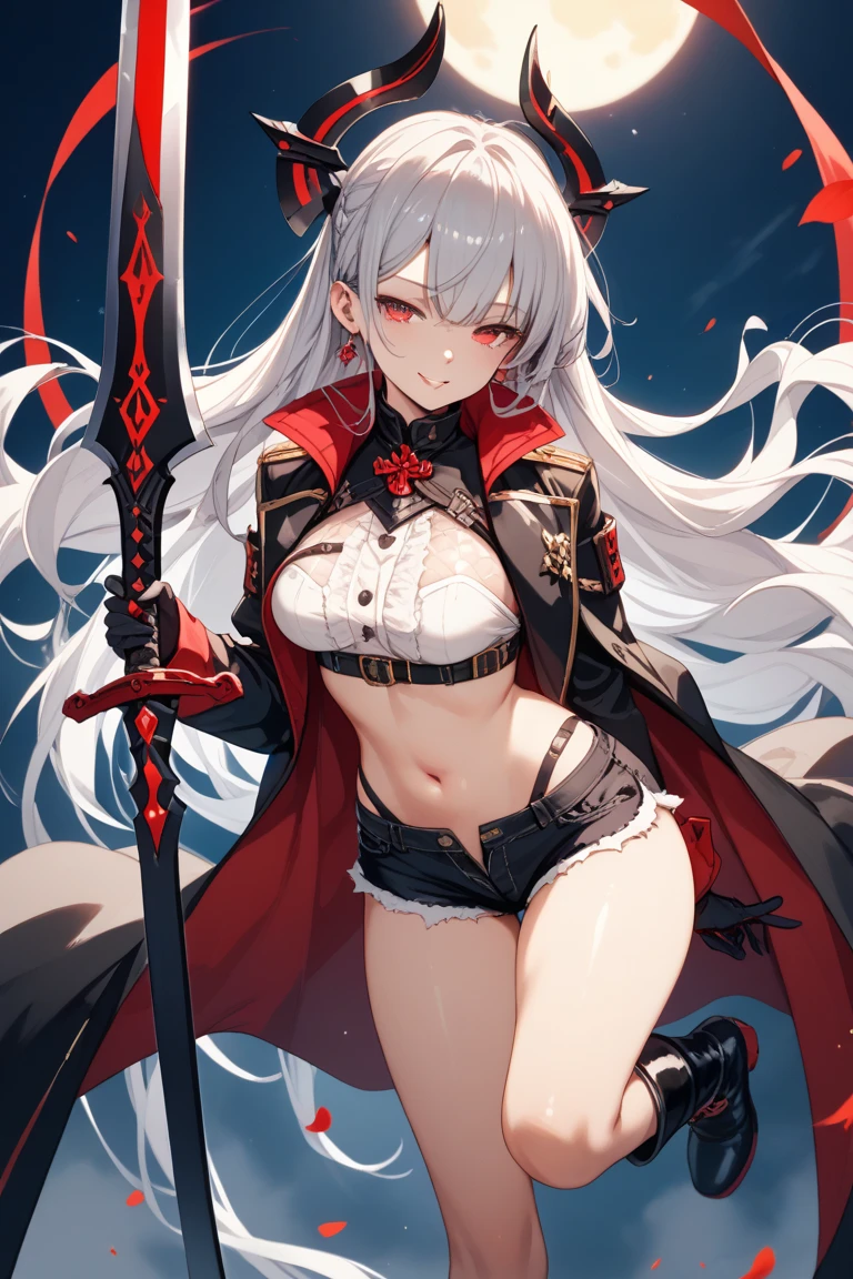 fantasy, 1devil_girl, low_teen, platina_blond_hair,long_bangs, bare_shoulder, navel out, thighhighs,silver_armor, red_Bikini,waist_armor, Glebe, hold_swords, large_tits, dynamic_floating_pose,Floating,(pelvic_curtain:1.3), silver_Headgear ,looking_down_at_sunrise_city_sky_background,,slightly_spread_legs,solo,horn ,smile,,open_legs,open_arms,rise_knee,rise_leg,rise_thigh,rise_leg,apart_legs,fang,Shiny_gold_eyes,crotch