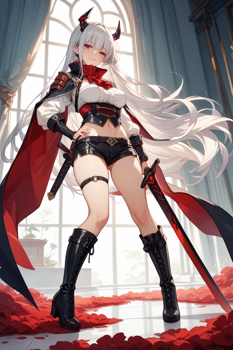 fantasy, 1devil_girl, low_teen, platina_blond_hair,long_bangs,, bare_shoulder, navel out, thighhighs,silver_armor, red_clothes,waist_armor, Glebe, hold_swords, large_breasts, dynamic_flying_pose,Floating,(pelvic_curtain:1.3), silver_Headgear ,looking_down_at_sunrise_city_sky_background,,slightly_spread_legs, some_swords,some_swords_floating_around_the_girl,solo,horn ,smile,,open_legs,open_arms,rise_knee,rise_leg,rise_thigh,rise_leg,forward_leaning_posture,apart_legs,fang,Shiny_gold_eyes,crotch