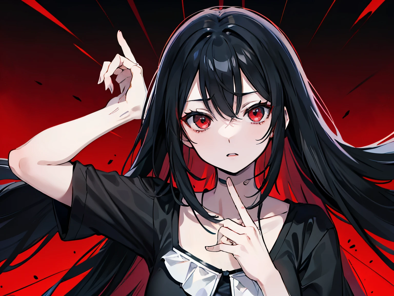 グロテスク、high quality、4K、solo、With cruel motives、Dark atmosphere、Red Eyes、Wearing a loose plain black T-shirt、Black-haired woman, , Masami Kurumada style, inspired by Yukihiko Yasuda, Look straight ahead、Black background、Fingers above head、