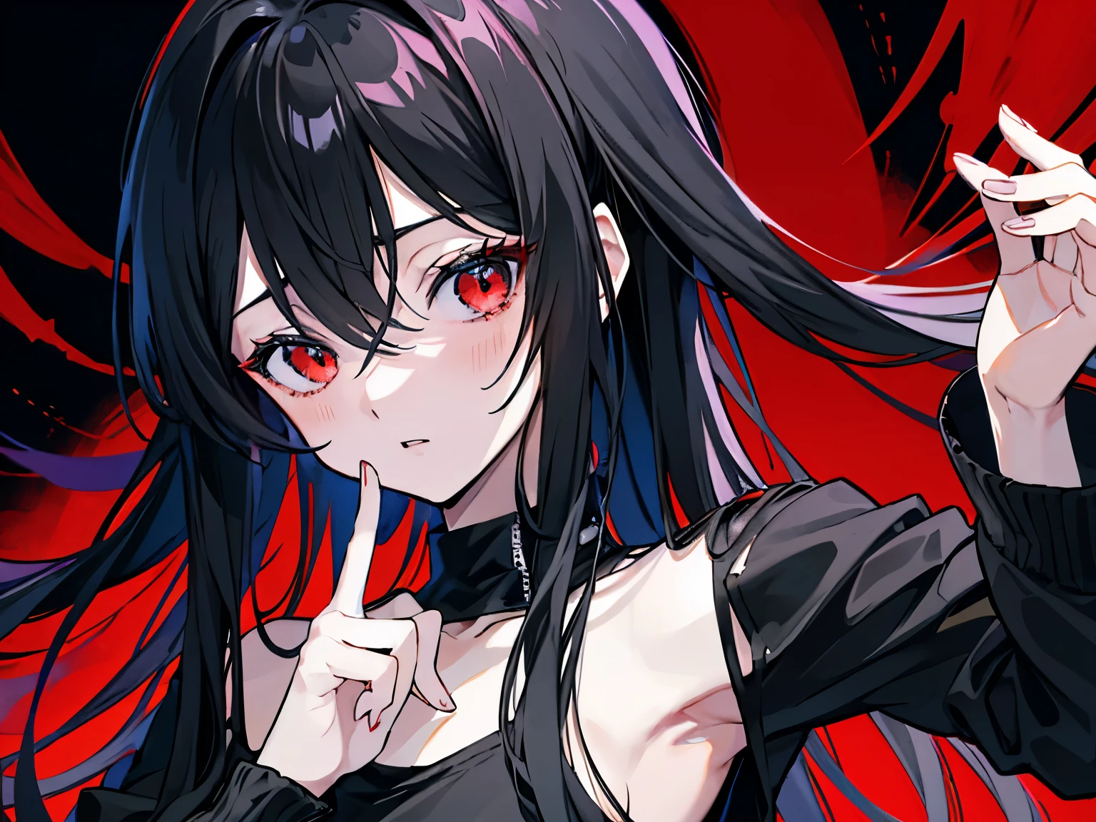 Dark evil devil Woman, Short red and black hair, Long devil horns on head (with red outlines), Long evil sinister sharp teeth smile, black eyes with red pupils, white pale skin, Red mist in background, Dark Red cap on back, Holding a long dark metal staff with Microphone on tip.