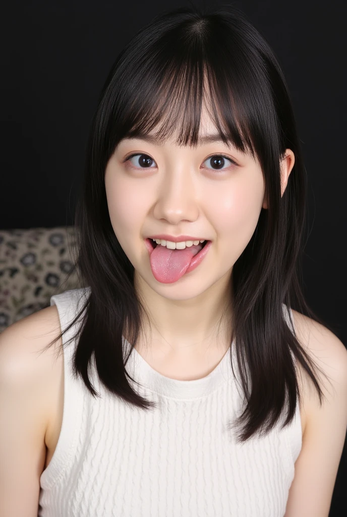 camisole,Shorts,open mouth,tongue out,cum on tongue,Sitting on a black sofa,looking ahead,from above,flont view,face focus,open mouth,tongue out,(1girl,Beautiful 16 year old girl),((Slender,Small breasts,Small face,)),looking at viewer,Black Hair,bangs,straight,Beautiful and detailed,Mischievous smile,Dimly lit room,Simple Background,Gray background,Low lighting