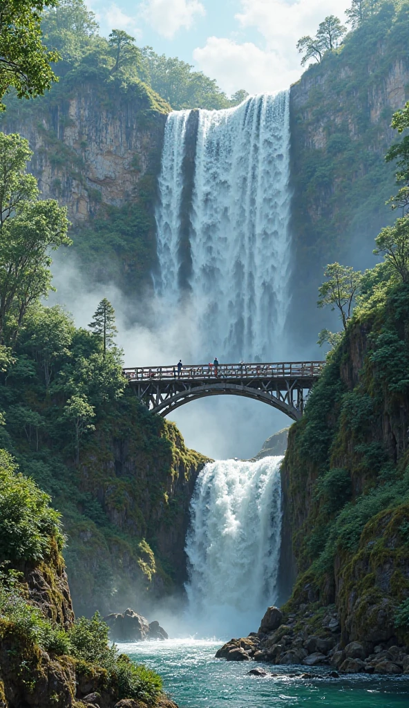 Make a huge water fall crossing through a bridge with a Pakistan flag on it also add some army officers on the bridge.