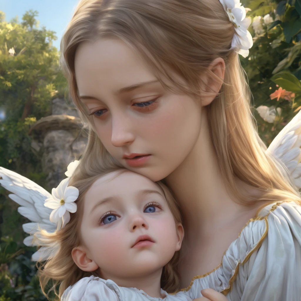 A woman with white angel wings, in a long blue dress, holding a baby, background is a farmer’s field, mood is progressive, appreciative, nurturing, nourishing, daytime light, character design, art by Mark Ryden, Greg Simkins, Jason Limon, Dan Quintana.