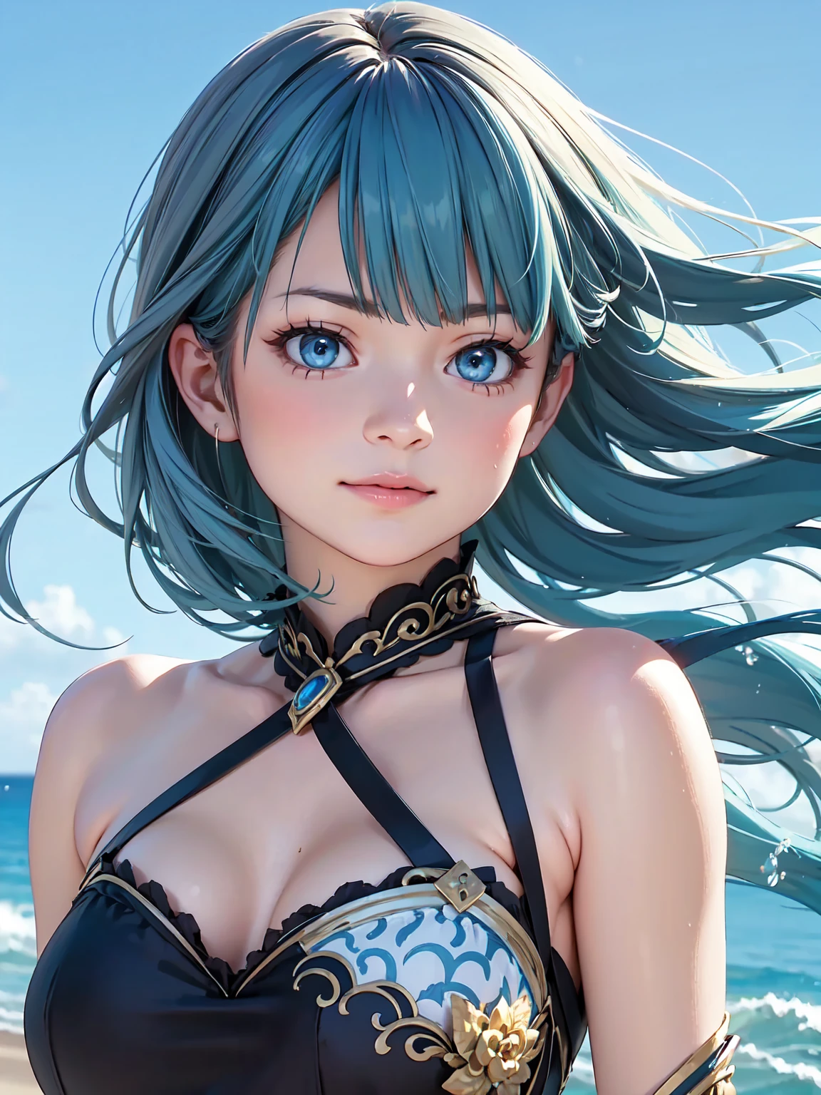 (masterpiece, 最high quality:1.4), (pirate ship), (From the back:1), (One girl), (alone), (head to waist photo) (European youth:1), Blue Hair (Fashion Hair:1.3), Nami from One Piece, hyperRealistic, Skin with attention to detail, Digital SLR, Soft lighting, high quality, Highly detailed face, Highly detailed eyes, Highly detailed skin, Skin pores, Scattered beneath the surface, Apply blush all over the face, Highly detailed face, Highly detailed eyes, Beautiful Face, Fuller lips, Detailed Background, Depth of written boundary, Volumetric lighting, Sharp focus, Realistic proportions, Excellent anatomy, (Realistic, hyperRealistic:1.4), 16k hdr, Dawn