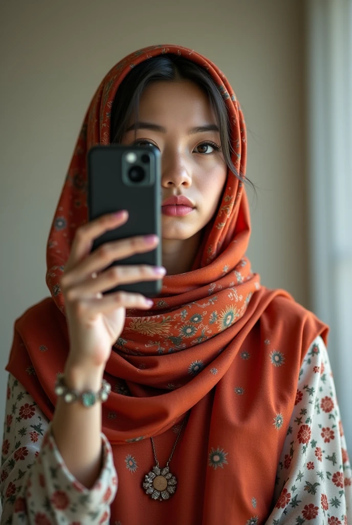 1girl, Solo, High Resolution, Masterpiece, Textured Skin, white skinned, young women, 20 years old, hijab, a beautiful young Indonesian woman, wearing a white sweater vest with brown floral embellishments, a brown skirt, and a brown handbag, taking a selfie with her phone, wearing a light brown hijab, standing in a hallway with a large window behind her, [photorealistic portrait, soft lighting], [Annie Leibovitz], [shallow depth of field, focus on the woman, natural light, warm tones, slight grain]