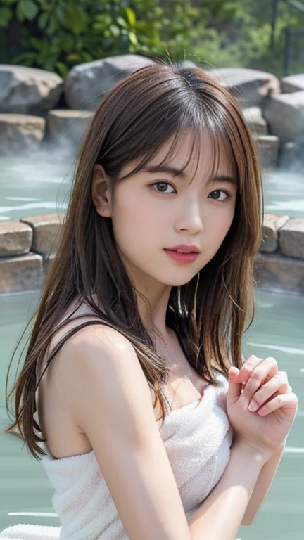 (8K、Raw photo、highest quality、masterpiece:1.2)、(Realistic、Photorealistic)、1 girl、Being in the sauna、Bath towel wrapped around the body、Sweaty skin
