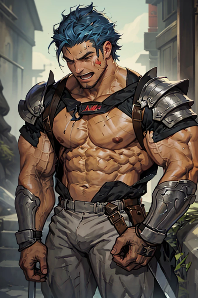 A young man of Southeast Asian descent, black short hair, wearing wooden headgear, he has a resolute and fearless gaze, a rugged face, a serious expression, his physique is robust, his upper body is bare and wrapped in bandages, extensive burn scars on his right side, his left arm is scarred, his left hand wears a gauntlet-like wristguard with three short sharp claws, left hand wears a gauntlet-like wristguard, wristguard with three short sharp claws, wears plain trousers, stands on a spacious and ancient Mayan altar, this character embodies a finely crafted a fantasy-style wilderness design in anime style, characterized by a sophisticated and mature manga illustration art style, high definition, best quality, highres, ultra-detailed, ultra-fine painting, extremely delicate, professional, anatomically correct, symmetrical face, extremely detailed eyes and face, high quality eyes, creativity, RAW photo, UHD, 8k, Natural light, cinematic lighting, masterpiece:1.5