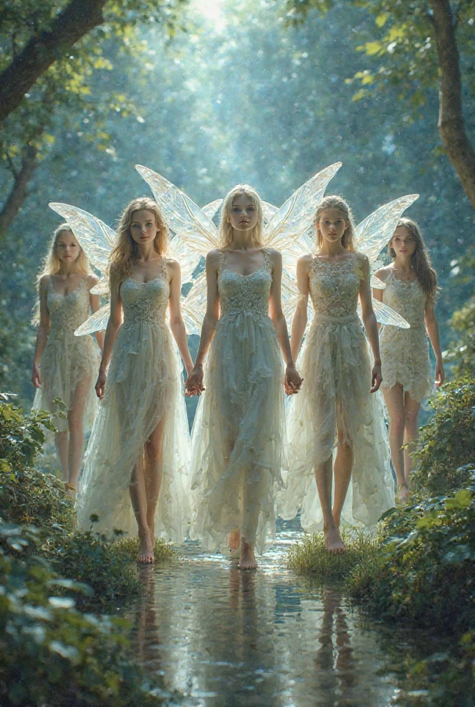 "A full-body shot of a realistic fairytale scene in a beautiful magical forrest, bathed in moonlight. "Night scene" "Beautiful blue hue colour pallette." "A fairy queen1 and 4 with realistic striking big blue eyes with eye makeup and a serious, direct gaze at the camera with golden extra long hair and perfect shaped pearly white teeth and pursed lips, dancing in sircle, and swirling around." "A Fairy queen2, dancing in the moonlight with arms up in the air." "Dancing fairy princess with a long white hair in a sheer wet transparent dress outfit, big breasts, thin waist, big butt, looks provocative" Fairys dancing in sircle" "The lighting is natural and bright, highlighting their features and casting a soft glow around their hair, creating a high-contrast effect that emphasizes the subject's presence. " "A white rapid is just there" The realistic scene includes a strikingly beautiful fairy queens and a princesse in a beautiful and magical forrest in the middle of the night. "The vast environment paints a magical but ritual admosphere". # Configuration settings clip_guidance_scale = 20 # High adherence to the detailed prompt, emphasizing facial features hr_scale = 2.0 # High resolution to capture intricate details in the hair and face. hr scale =2.0 # Perfect human female body. Best hands 1:1, super realistic hair 1:1, hyper realistic eyes 1:1, extra detailed delicate moist skin, most detaled and realistic face 1:1. #A realistic stage with thorough details and clear focus on the queens.
