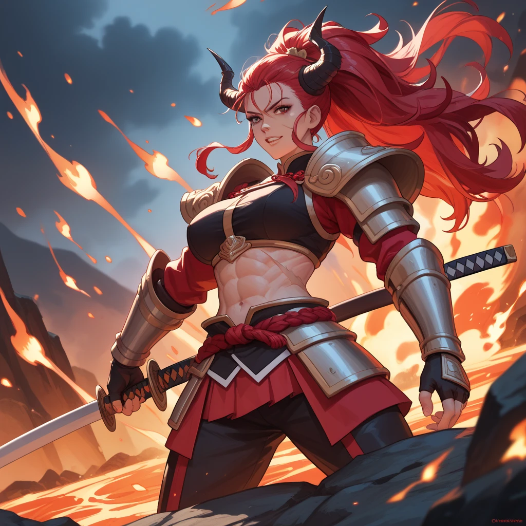 1girl, athletic physique, orange ponytail, red face-framing headpiece, white arm wraps, red armguards, black leotard, red torso, metal belt, black pants, red shin guards, red boots, battle axe