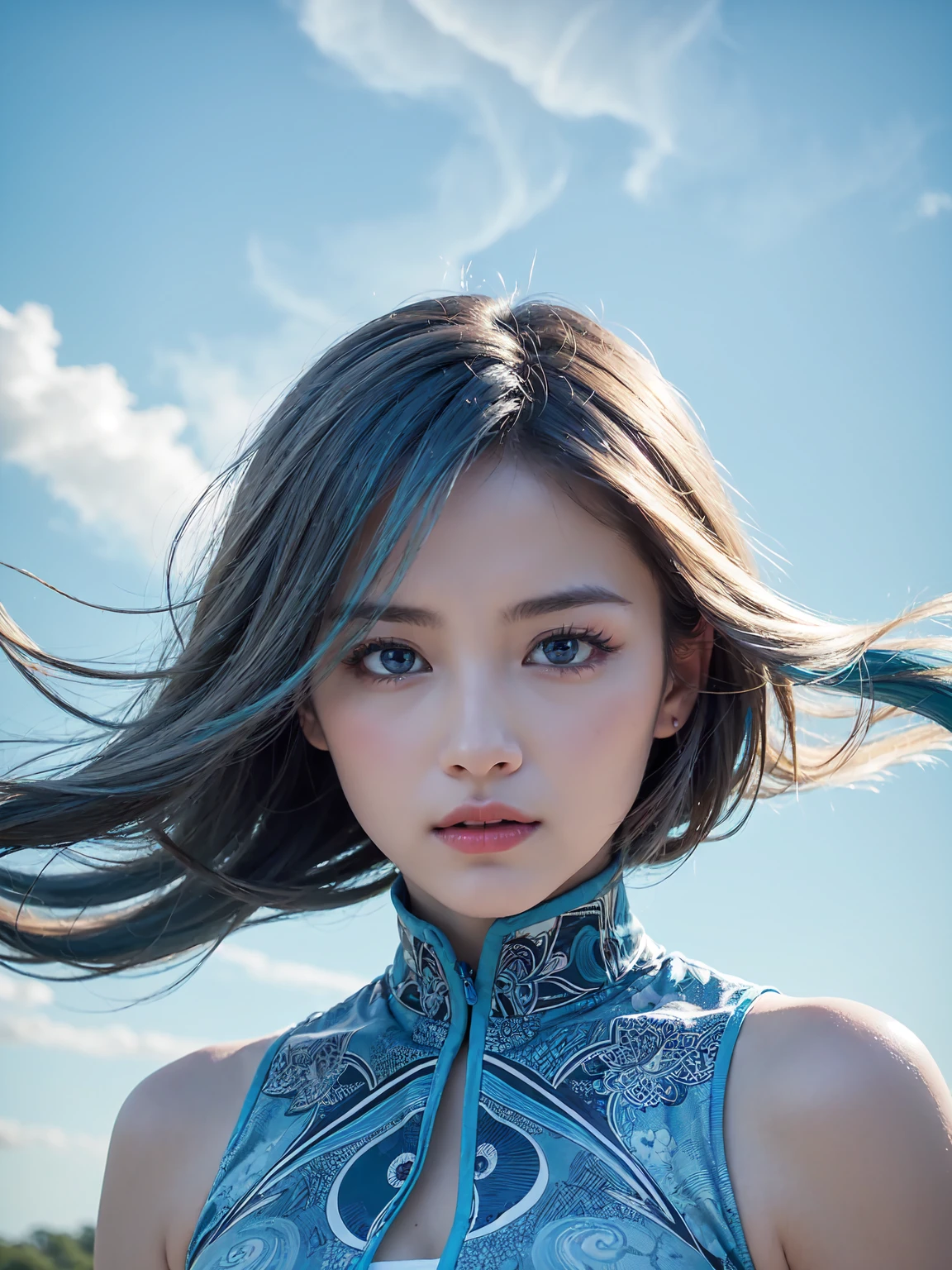 hair bobbles, wince, longeyelashes, solid circle eyes, light smile, ear blush, fang, Surrealism, drop shadow, anaglyph, stereogram, tachi-e, pov, atmospheric perspective, 8k, super detail, ccurate, best quality，Hair glows:1.5，Superhuman：1.5，floating:1.5，cloud:1.5，Short blonde hair will shine，Superhuman，Blue pupils glow，floating，cloud，There are glowing marks on the body，（There are glowing marks on the body:1.5），