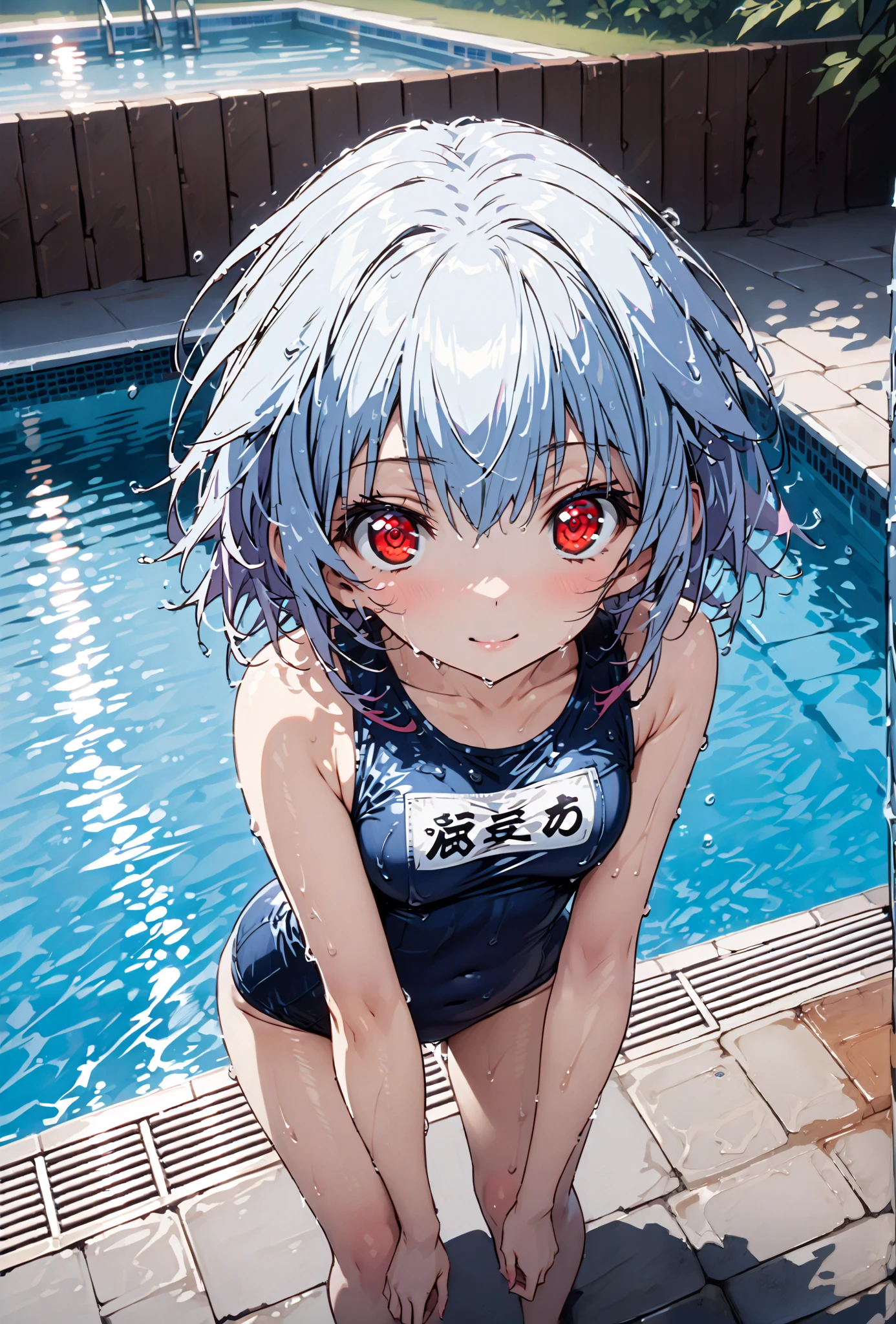 tatenashisarashiki , solo, clean-up , short hair, blue hair, Red Eyes,smile,cover,ニヤリold school swimsuit, school swimsuit, blue one-piece swimsuit, one-piece swimsuit, name tag, swimsuit, Belly button cover,wet hair,wet skin,濡れたswimsuit, clavicle,noon,poolside, pool, scatters,Submersion,is standing,break outdoors,pool
break looking at viewer,full body,
break (masterpiece:1.2), Top Quality, high resolution, Unity 8k 壁紙, (illustrations:0.8), (beautiful detailed eyes:1.6), very detailed face,  so that it fits into the illustration, extremely detailed CG, full body写真,(perfect hand, perfect anatomy),