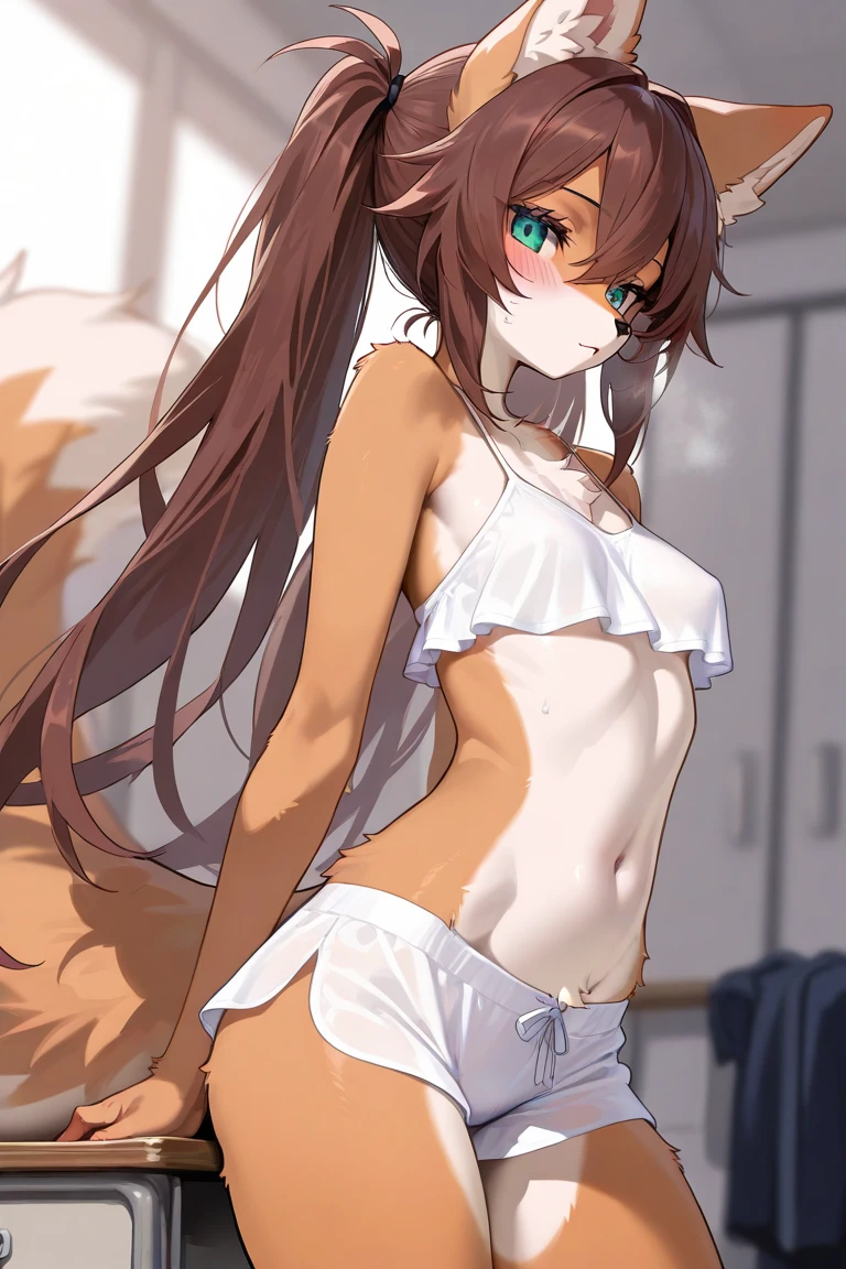 Best quality, super detailed illustration, warm colors, Ideal lighting, better detail, (fluffy fox boy:1.4) , feminine face and body, disheveled thick hair, long hair, tribal seaweed skirt, tribal rag bralette, black butterfly, femboy, small waist, wide hips, slim, perfect body, laying on back, sensual pose, style "DND", solo:1.2, island background, dynamic angle