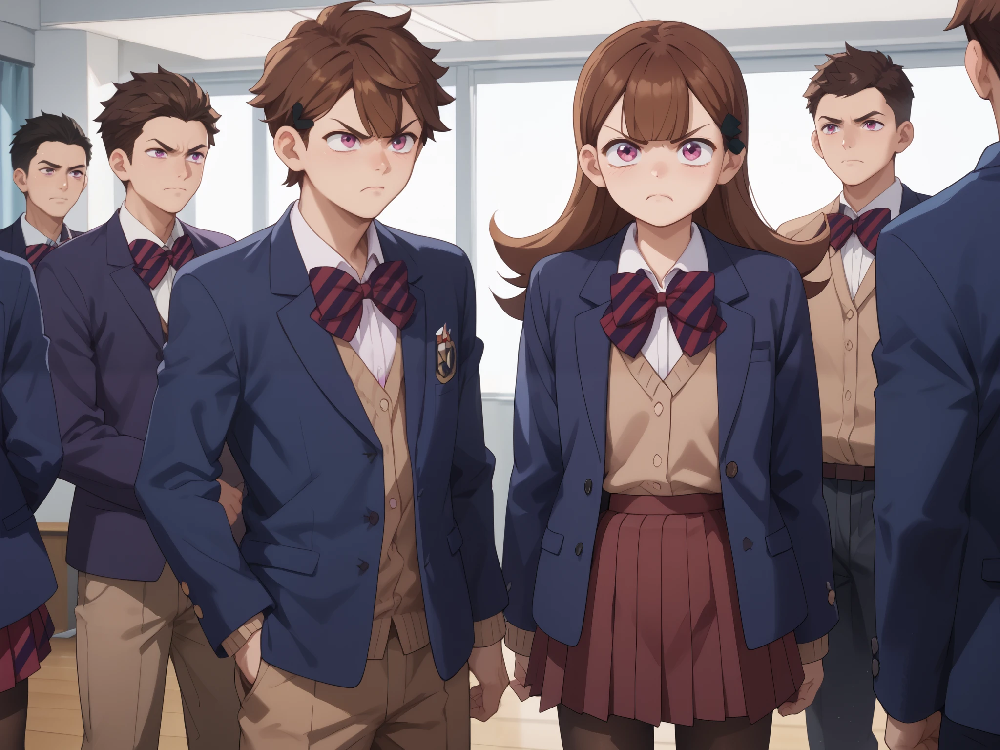 Ren Yamai , long hair, bangs, brown hair, pink eyes, hair ornament, hair clip, skirt, shirt, long sleeves, bow, school uniform, jacket, white shirt, pantyhose, pleated skirt, striped, collared shirt, bowtie, red skirt, blazer, blue jacket, striped bow, striped bowtie, 1girl, 2 boys, multiple boys, , clashroom, angry, standing,