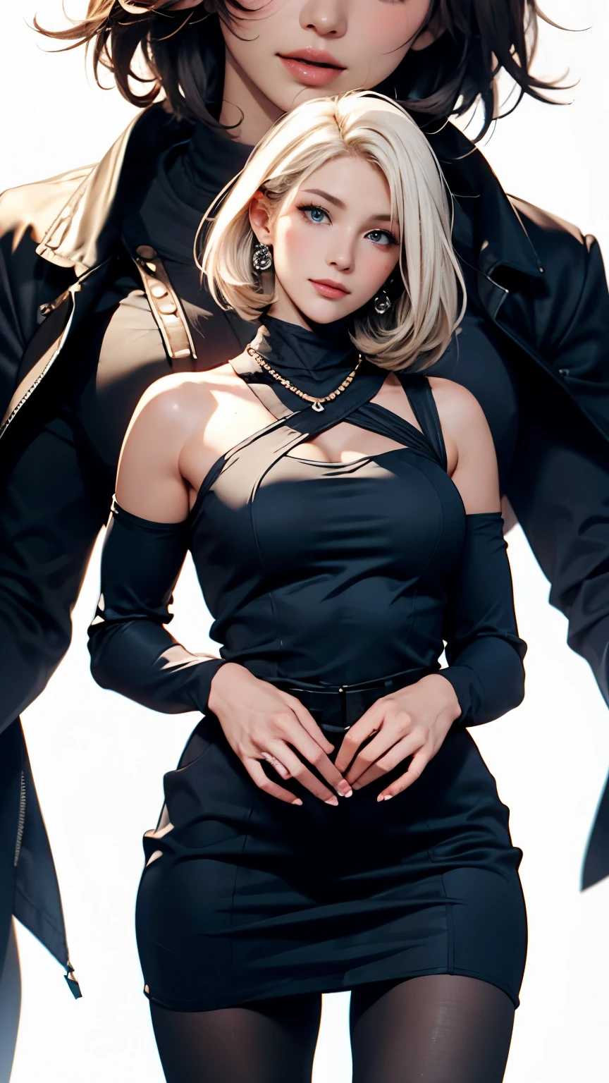 masterpiece, best quality, (( pure white background)), standing, Slim albino woman,  white hair, White eyelashes,  white eyebrows, Cold Face,  white skin,  black t-shirt , sad expression, Light effects, soft, [Ultra Clear,  highdefinition images, (Front )、Big Breasts、Slim Proportions、sexy、erotic、long lashes、eyeshadow、lip gloss、smile、 New York、Times Square Garden、、Luxurious One Shoulder Dress(Micro mini length)、pin heels、Hand Hug Shoulder Strap、blue sky、