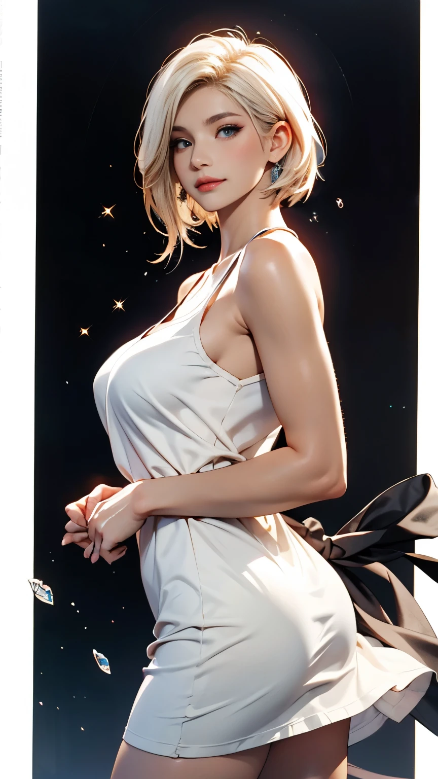 ((grin)), ((plunging neckline dress:1.3)), ((sundress)), ((off shoulders, Quite thick shoulder straps)), ((blond hair, bob cut:1.3)), ((sunglasses, hand to sunglasses)), (((from side))), ((((upper body)))), bare legs, (((A night sky stretching under a full moon, stars shining and reflecting on the sea surface))), ((sitting on the very high cliff)), wavy hair, inward curled hair, ((sea, nature)), breasts, ager, (looking at viewer), collarbone, head tilt:1.3, (((blue eyes))), happy smile, (((anime style))), (best quality, 4K, 8K, highres, masterpiece:1.2, ultra-detailed, ultra-detailed eyes, HDR, uhd, studio lighting, ultra-fine painting, sharp focus, physically-based rendering, extreme detail description, professional, vivid colors, bokeh)