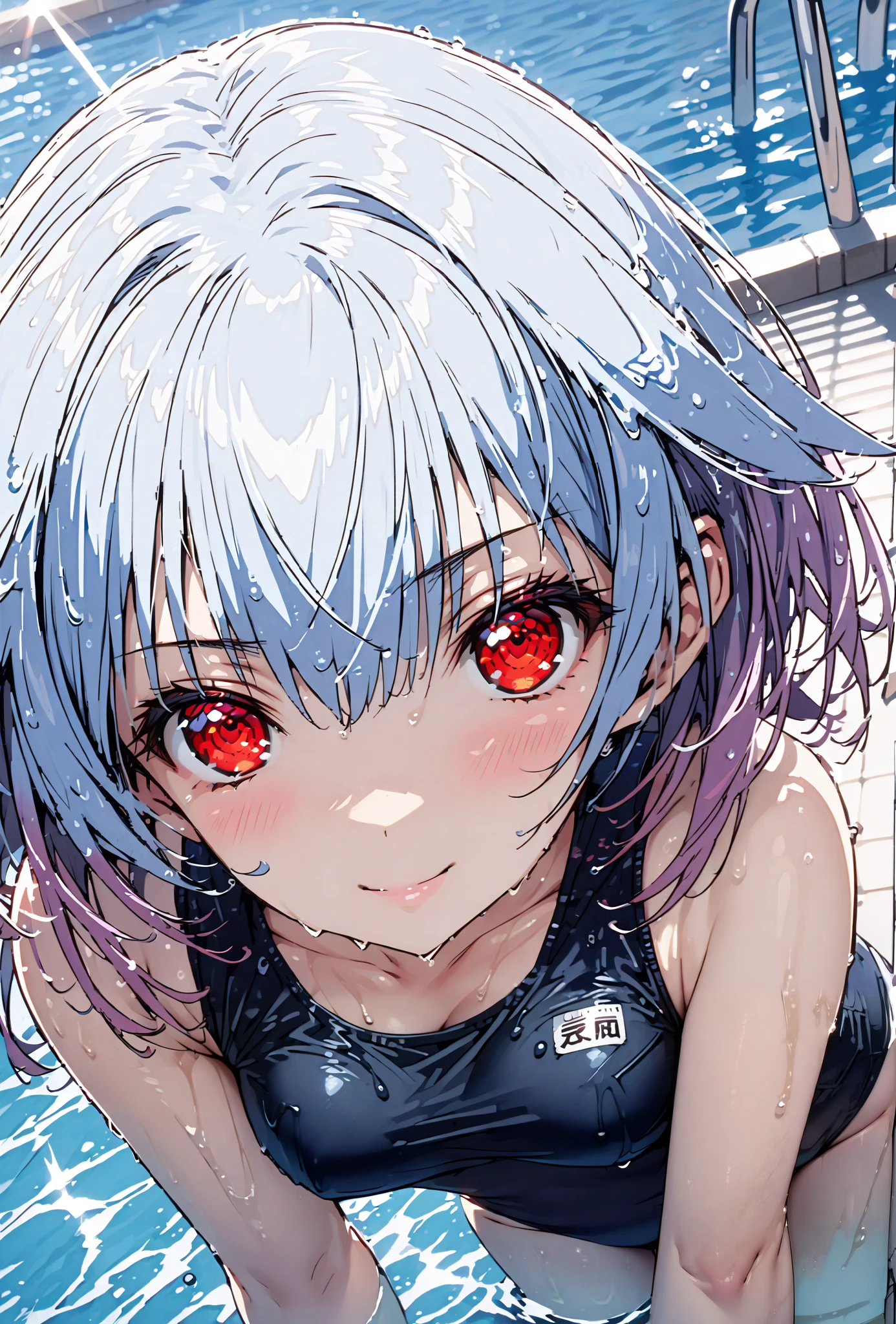 tatenashisarashiki , solo, clean-up , short hair, blue hair, Red Eyes,smile,cover,ニヤリold school swimsuit, school swimsuit, blue one-piece swimsuit, one-piece swimsuit, name tag, swimsuit, Belly button cover,wet hair,wet skin,濡れたswimsuit, clavicle,noon,poolside, pool, scatters,Submersion,is standing,break outdoors,pool
break looking at viewer,full body,
break (masterpiece:1.2), Top Quality, high resolution, Unity 8k 壁紙, (illustrations:0.8), (beautiful detailed eyes:1.6), very detailed face, so that it fits into the illustration, extremely detailed CG, full body写真,(perfect hand, perfect anatomy),