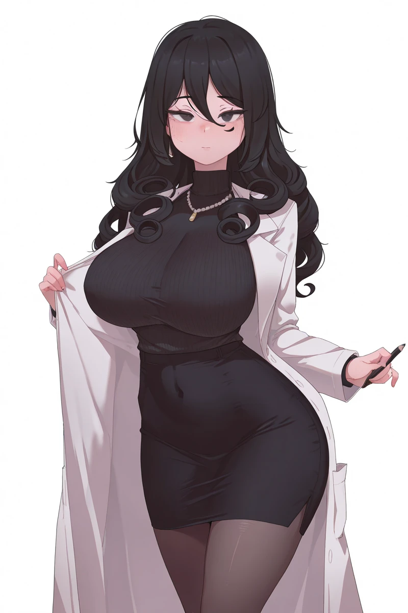 Beauty(25 years old)、(mature appearance)、Tanned skin 、long wavy black hair、green eyes、(Scientist lab coat)、(human)、great cleavage、((very large breasts))、 smile、black necklace、glasses、((Wide hips))