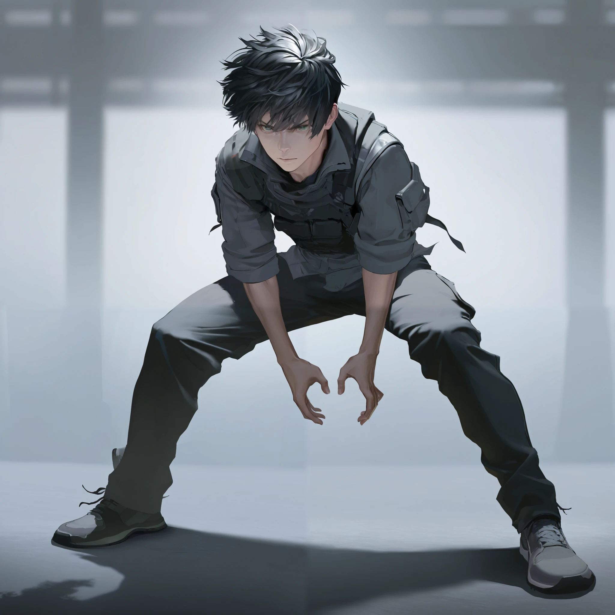 ultra detailed, 8k, ultra realistic, masterpiece, cinematic lighting, 1boy, 17y, standing, portrait, front view, gray clothes, messy spiky black hair, green eyes, thin body, arms forward, defense stance, full body, dynamic angle, attentive, inexperienced