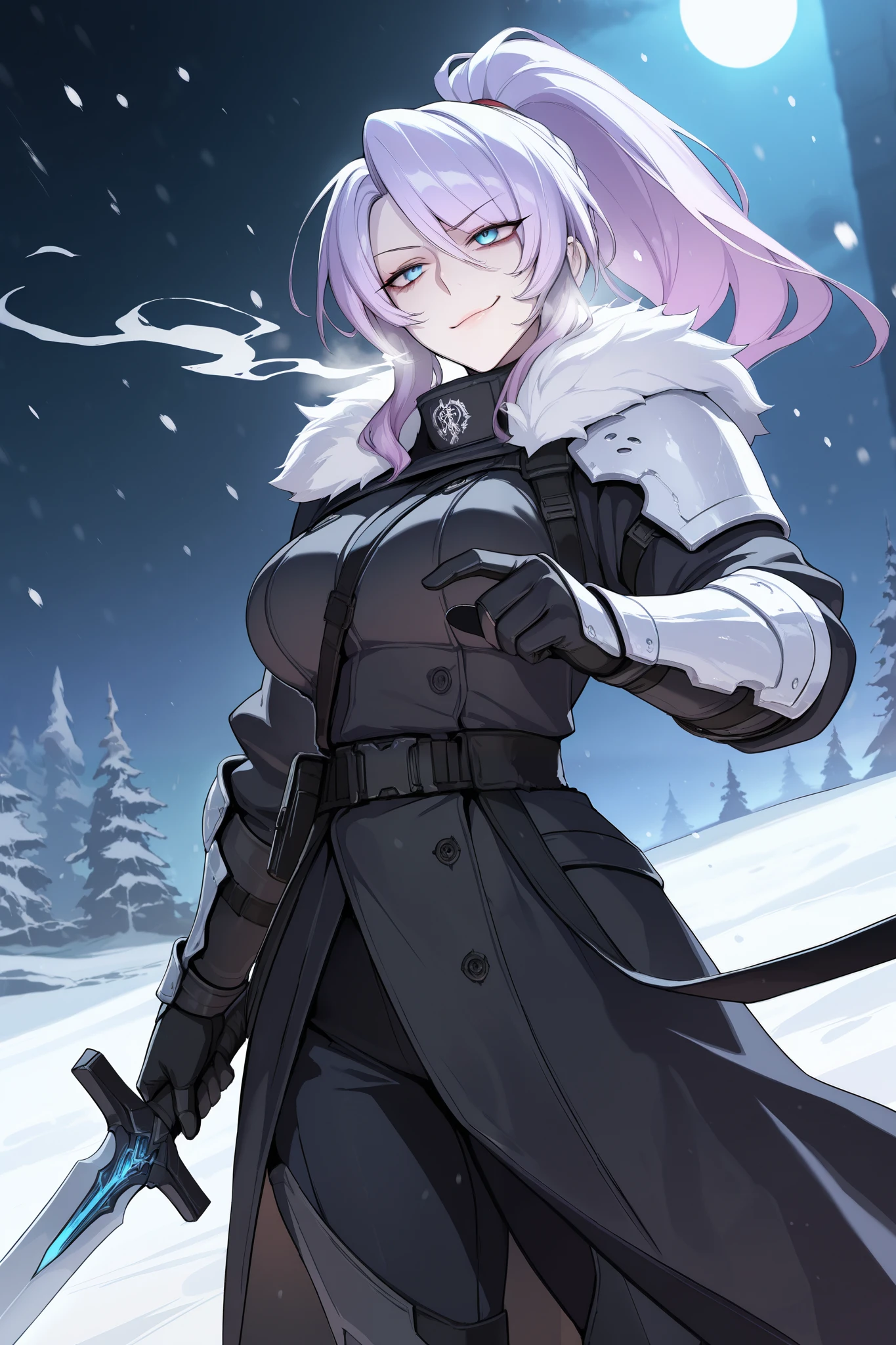 absurdres, (((Ultra HD))), (((Ultra High Quality))), ((hyper detailed)), ((Ultra High Resolution)), (Highly rendered), ((detailed eyes)), (((8K))), ((perfect face)), ((masterpiece)), cinematic, darkened, solo, 1girl, tall, purple hair, ponytail, long ponytail, smirk, swept bangs, blue eyes, medium breasts, tactical clothes, black trench coat, fur collar, shoulder armor, gauntlets, sword, holding sword, snow, Arctic region, nighttime, moonlight, snowing, heavy snow, blizzard, frost over clothes, cold breath
