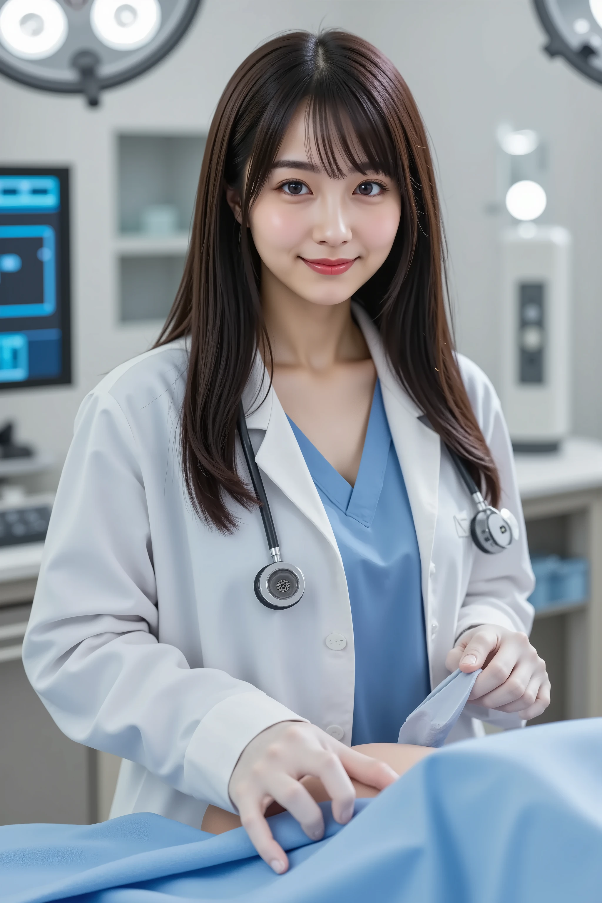 big breast, A medium close-up shot, ultra-realistic digital illustration of a beautiful young Asian female doctor in a high-tech surgical room. She has long, straight, silky black hair with soft bangs framing her delicate face. Her radiant skin has a natural blush, complementing her focused yet calm expression. Her large, expressive dark brown eyes are framed by long lashes, conveying intelligence and dedication. Her well-groomed eyebrows have a gentle arch, and her full lips, naturally pink, are slightly parted as if giving precise instructions.
She is dressed in a pristine white lab coat over a fitted light blue scrub top, with a stethoscope draped around her neck. A small embroidered name tag is pinned to her coat, displaying her credentials. She wears a surgical mask pulled down to her chin, revealing her face, and disposable latex gloves cover her hands. In her right hand, she firmly holds a surgical instrument, while her left hand is slightly raised as if guiding an assistant or preparing for a procedure.
The background showcases a state-of-the-art operating room, illuminated by large, circular surgical lights hanging from the ceiling, casting bright, focused beams onto the operating table. The sterile environment features an advanced surgical table with a patient draped under a sheet, surrounded by an array of high-tech medical equipment. Monitors displaying vital signs glow in cool blue tones, and stainless steel trays with meticulously arranged surgical tools are visible. The reflective surfaces of medical cabinets and countertops enhance the clinical ambiance.
The composition is balanced, with the subject centrally framed, ensuring a clear view of her upper body and attire while allowing the complexity of the surgical room to be visible. The image is rendered in stunning 8K resolution, capturing every intricate detail with lifelike clarity, from the texture of her lab coat to the polished surfaces of the medical instruments and the glow of the surgical