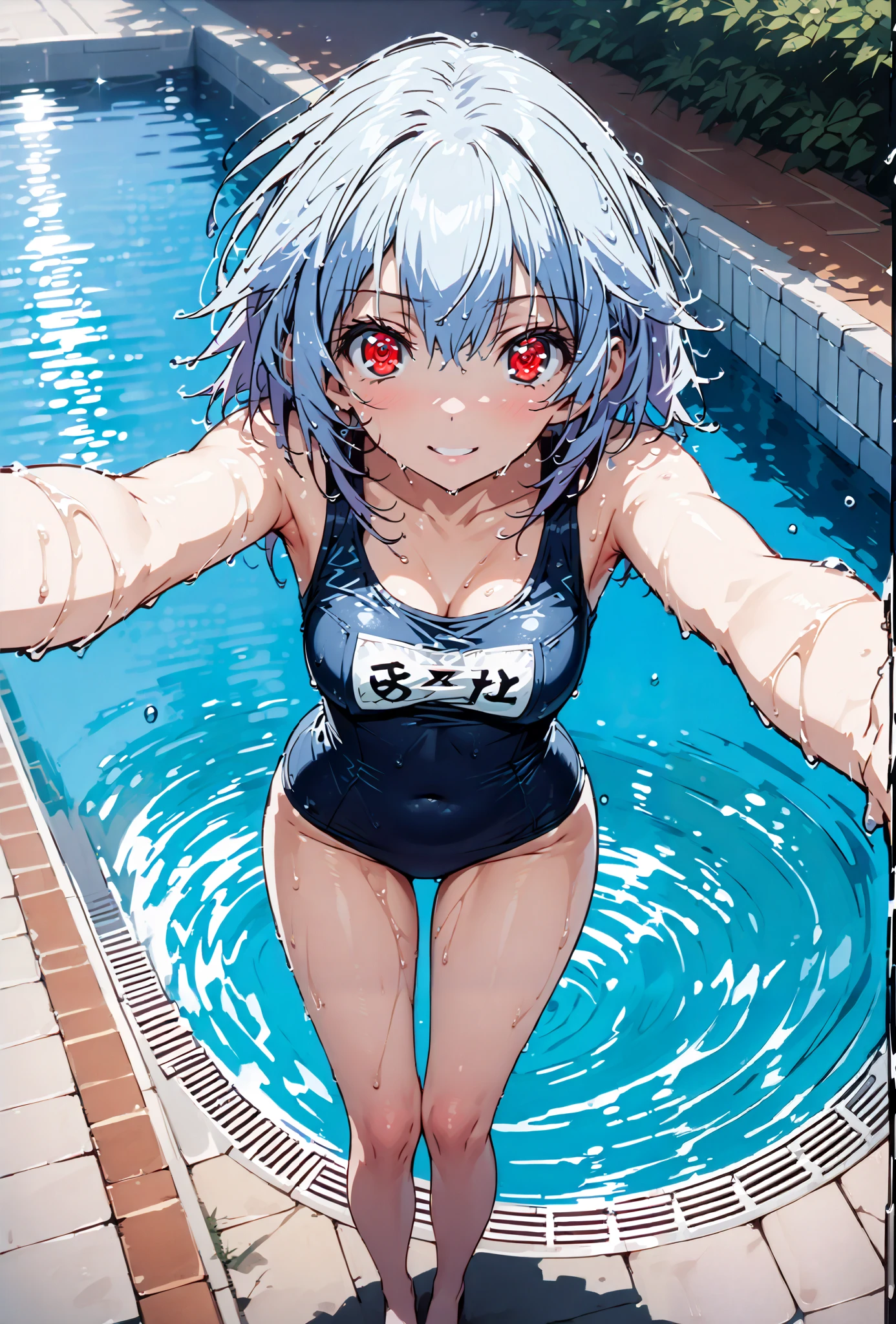 tatenashisarashiki , solo, clean-up , short hair, blue hair, Red Eyes,smile,cover,ニヤリold school swimsuit, school swimsuit, blue one-piece swimsuit, one-piece swimsuit, name tag, swimsuit, Belly button cover,wet hair,wet skin,濡れたswimsuit, clavicle,noon,poolside, pool, scatters,Submersion,is standing,break outdoors,pool
break looking at viewer,full body,
break (masterpiece:1.2), Top Quality, high resolution, Unity 8k 壁紙, (illustrations:0.8), (beautiful detailed eyes:1.6), very detailed face, so that it fits into the illustration, extremely detailed CG, full body写真,(perfect hand, perfect anatomy),
