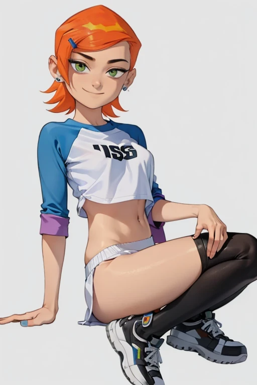 ( best quality), 1fille, nice face, gwendolyn_Tennyson, , (1fille, bare:1.3),, white background,, Kale, Coup moyen, Haut du corps, detailed face,ssmile, opened mouth, manches longues, some raglan, ,chemise multicolore, langue dehors, graphic shirt, Kalede feet, vagina,