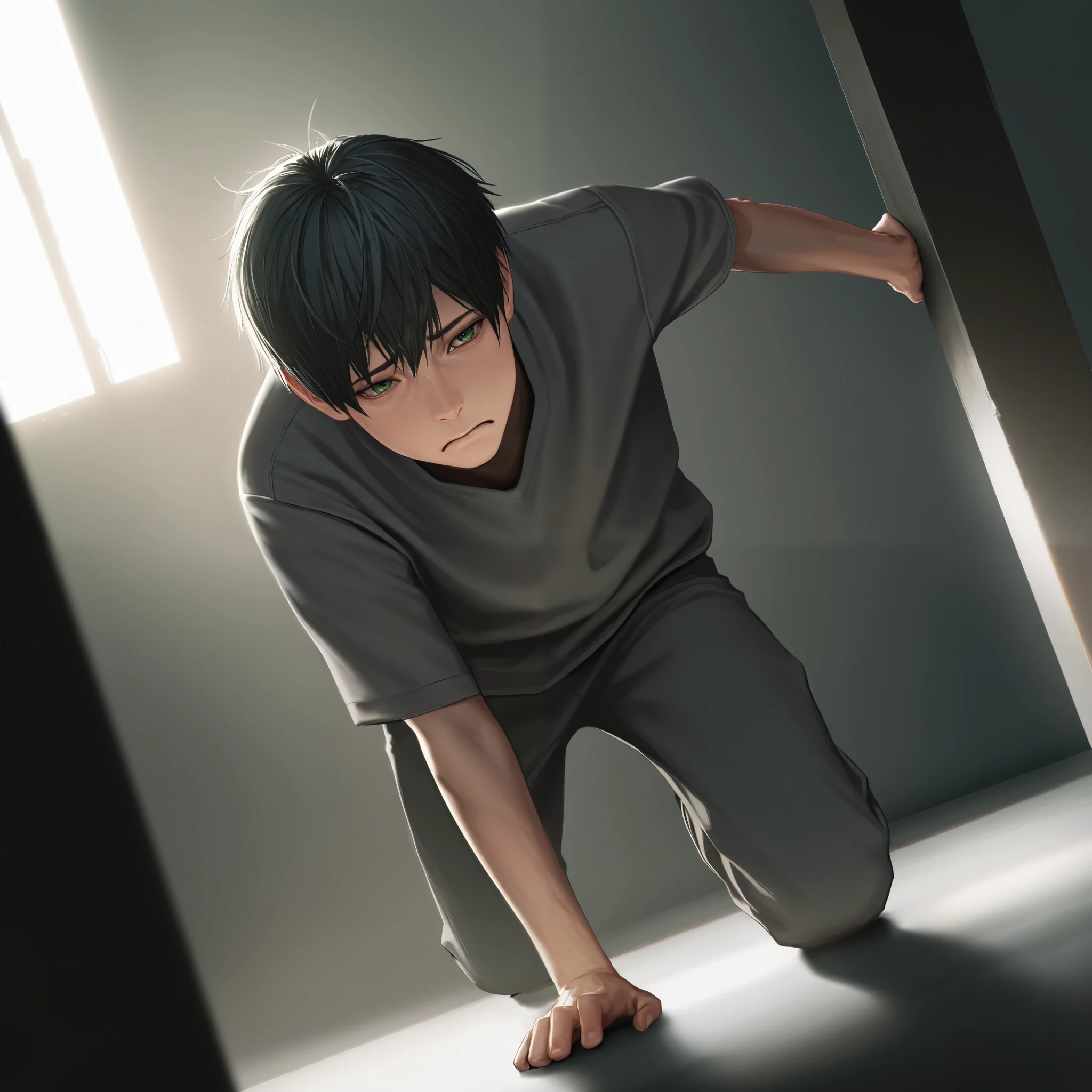 ultra detailed, 8k, ultra realistic, masterpiece, cinematic lighting, 1boy, 17y, standing, portrait, front view, gray clothes, messy spiky black hair, green eyes, thin body, arms forward, defending, full body, dynamic angle, tired, worried
