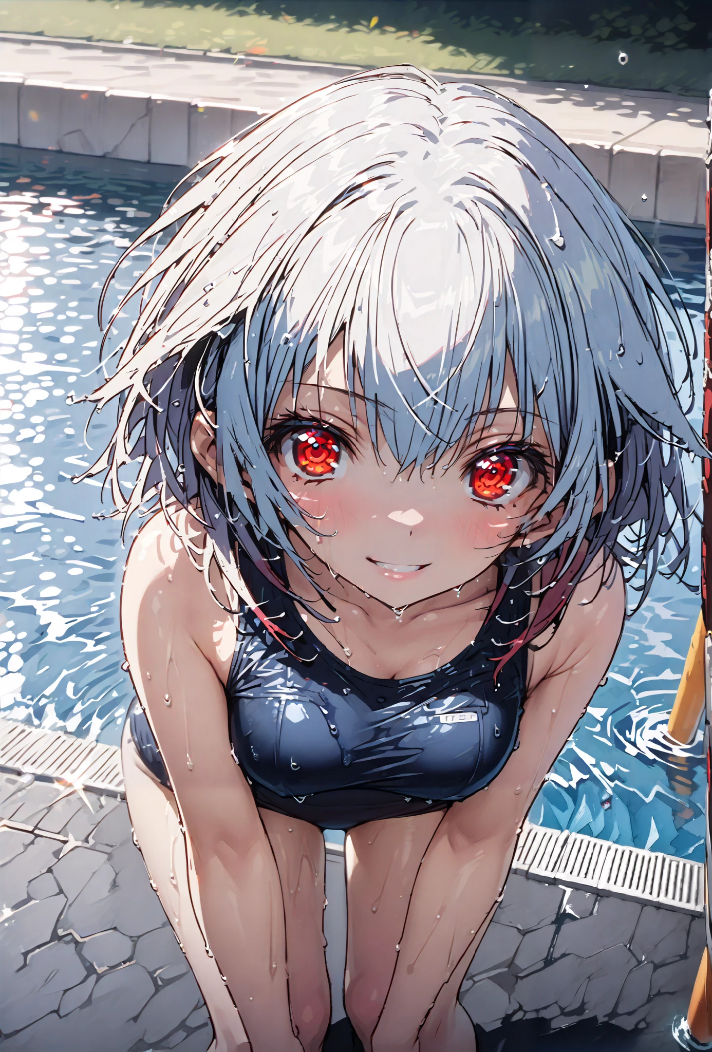 tatenashisarashiki , solo, clean-up , short hair, blue hair, Red Eyes,Medium breast，smile,cover,ニヤリold school swimsuit, school swimsuit, blue one-piece swimsuit, one-piece swimsuit, name tag, swimsuit, Belly button cover,wet hair,wet skin,濡れたswimsuit, clavicle,noon,poolside, pool, scatters,Submersion,is standing,break outdoors,pool
break looking at viewer,full body,
break (masterpiece:1.2), Top Quality, high resolution, Unity 8k 壁紙, (illustrations:0.8), (beautiful detailed eyes:1.6), very detailed face,  so that it fits into the illustration, extremely detailed CG, full body写真,(perfect hand, perfect anatomy),