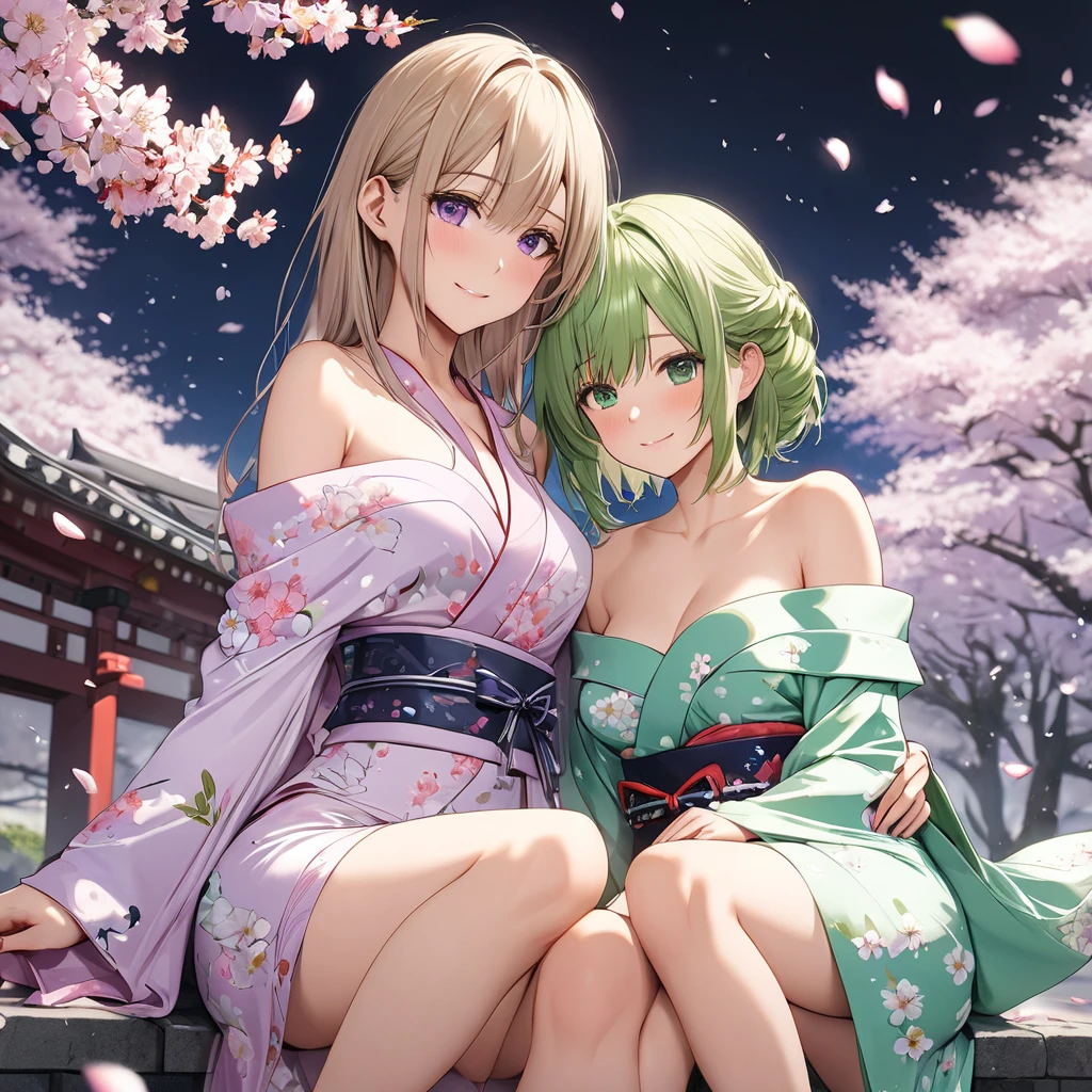 highest quality,wonderful,masterpiece,delicate,ultra high resolution,Super detailed,intricate details,beautiful,8K resolution,(Highly detailed CG Unity 8k wallpaper),sharp focus、anime、fiction、two women、dark green hair girl 、light purple hair,Metallic colored hair、short hair、Cat ear、big breasts、emphasize the chest、Upper breasts、vivid hair、Shaggy hair、messy hair、vivid skin、Glossy skin、 face、lolita、short、kawaii、beautiful瞳、sexy、happiness、Pleasure、smile、outdoors、In town、building street、Are standing、red kimono with flower pattern、green kimono with flower pattern、I can see your shoulders、lesbian、symmetry
