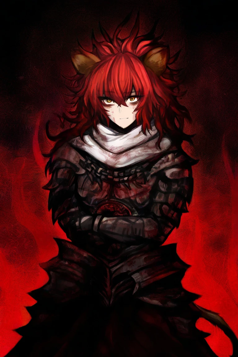 sushi yuusha toro, 1boy , long curly red hair, Lion ears, Lion tail, white scarf with blood,metal armor, amber eyes and /(Black Souls)/ Grimm style.