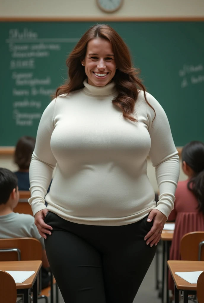 fine art portrait of a very elegant 38yo teacher lady, walking in the crowded classroom, elegant and conservative clothes, wearing a lose white turtleneck sweater, very long business skirt, high heels, highest quality, sexy face high resolution, Eleonora Pavinat 38yo woman, woman with (extremely huge breasts:1.3), (gigantic huge and heavy pregnant belly), slightly chubby shape, wide hips, extremely beautiful lady, (((going into labor))), (((screaming in pain))), (((she leans on one of the tables))), all students looking scared at her.