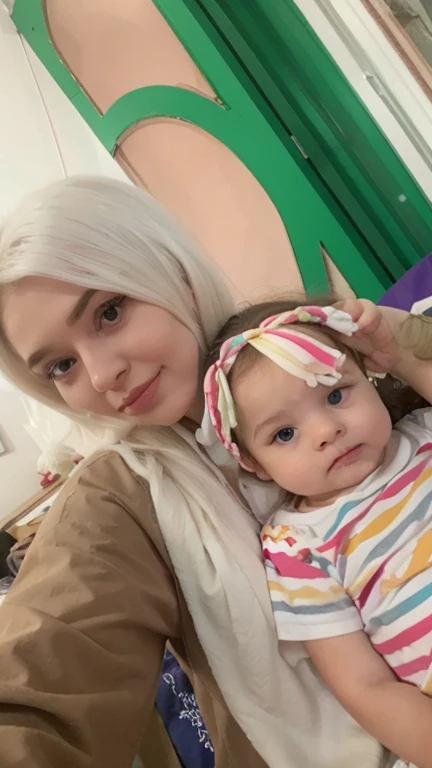 Blonde woman holding a in a hoodie with a pacifier on her lap, anime, realistic animation style