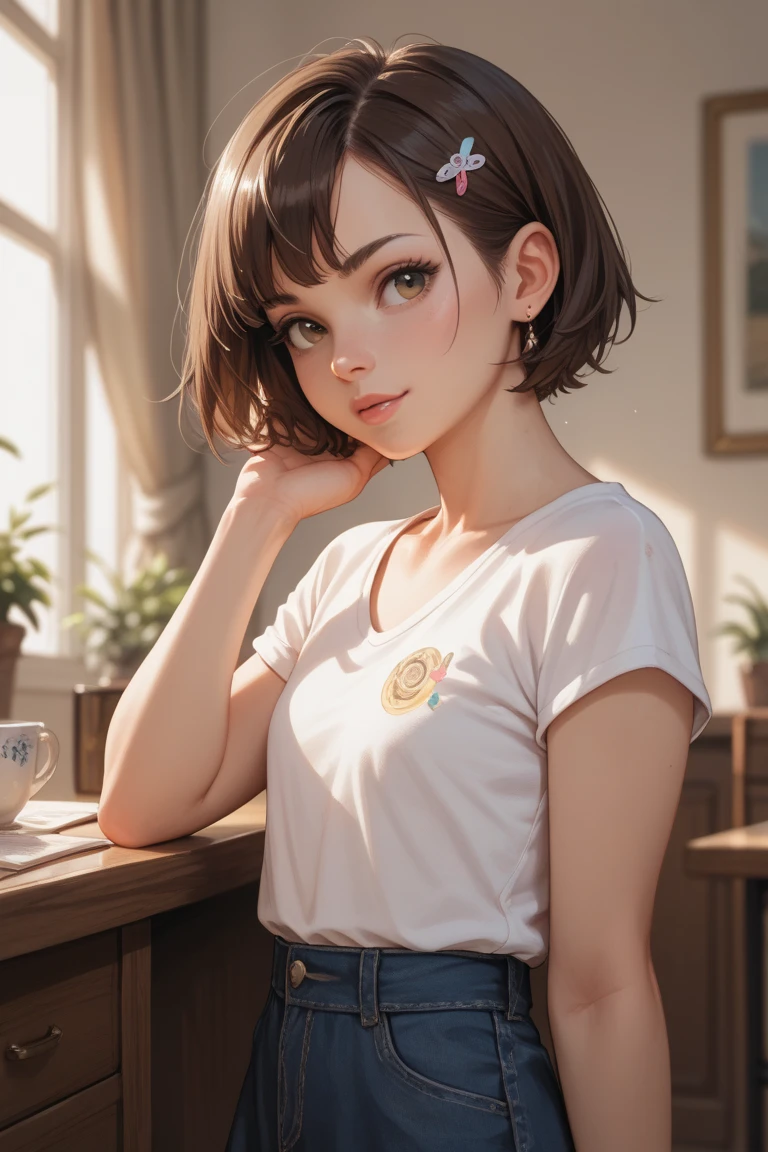 ((best quality)), ((masterpiece)), (detailed), short hair side bangs wolf cut curly hairs ,wearing white tshirt no sleeves,slight saggy cleavage , wearing a bracelet and a watch , adjusting hair , wearing a gold heart shape pendant , sitting on table in coffee shop looking at viewer