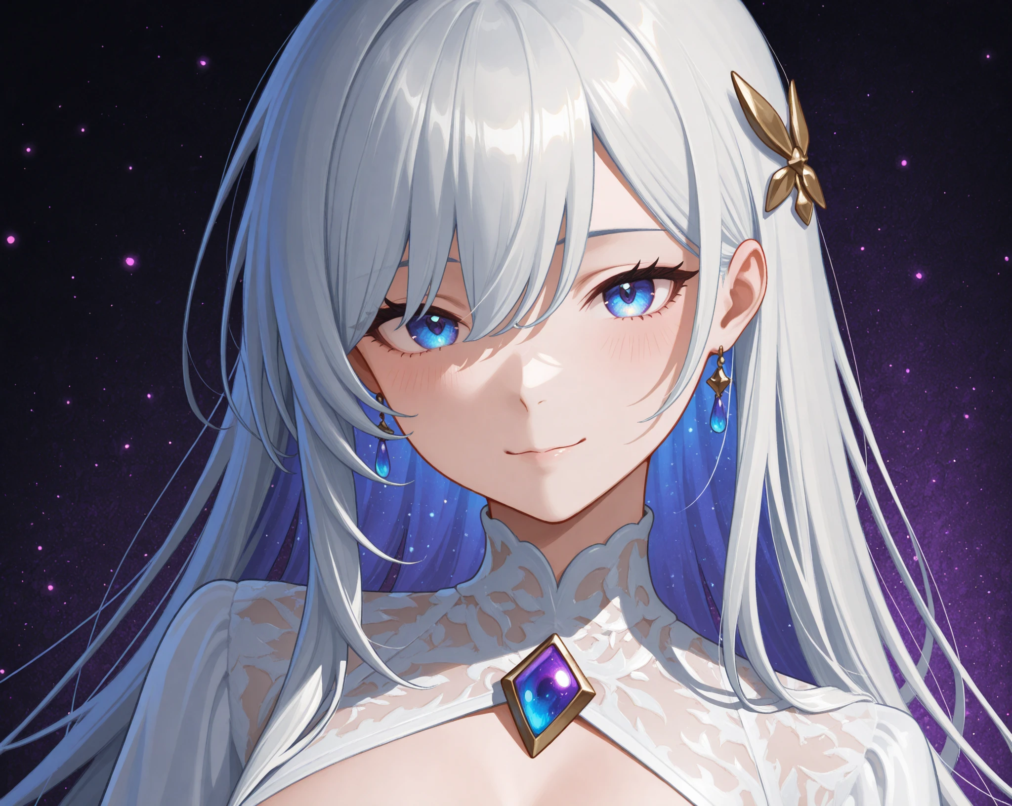 Eir a gray haired blue eyed Bikini woman smiling in the evening 