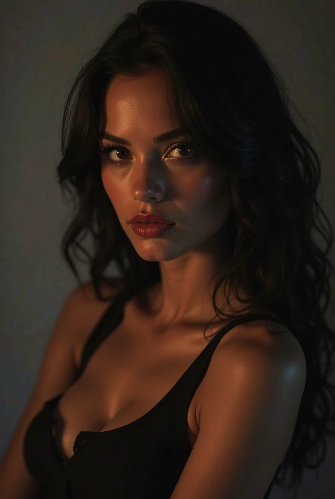 Adriana Lima, thick brown hair, hot , Ukrainian girl, wavy brown hair, Dasha Taran, pretty beautiful brunette, (solo one girl : 2.0), (((ultra realistic))) Photo, masterpiece, top quality, (pale skin), (Ultra detailed face and eyes:1.3), 1 girl, (Eye makeup, mascara) , ((large detailed lips)), ((long black hair)), (Natural breasts), Slim waist. ((Posing)), photoshoot, studio (soft lighting), (The play of light and shadows), depth of field, bokeh, (special attention to skin detail: 1.2), Detailed leather texture, skin pores. (Warm atmosphere of the frame. Color range: black, purple, Pink, blue tones), UDR, ((Film grain)), ((rays)), ((Glare)), ((waist up portrait)) , ultra detailed,