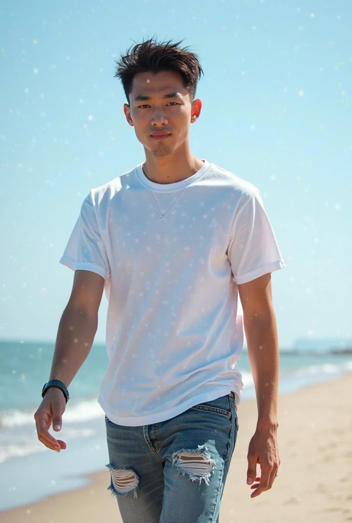 A young Asian man stands, handsome, muscular, looking at the camera. In a plain white t-shirt , Fieldside, grass, beach, sunlight