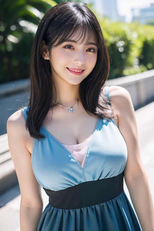 ((Medium Long Hair:1.3)), ((straight legs:1.3)),(Mole under the corner of the right eye:1.2),8K, Tabletop, RAW Photos, Highest quality, Very detailedな CG Unity 8K 壁紙, Written boundary depth, Natural light, Lens flare, Ray Tracing, (Very beautiful face, Beautiful Lips, Beautiful Eyes), Exquisitely detailed face, ((Very detailedな肌)) One Girl, Cute Korean Girl, K-POPアイドル, ((1 Girl)), (Very slim and slender fit muscular body:1.3), ((The whole body is facing upwards:1.3)),((View your audience)),(A shy smile:1.3), Clear Eyes, (Pale skin), (Big eyes),(Black Hair),, ((Her cleavage is visible:1.3)),Open chest, Very slim, Medium Chest, in front of the eyebrows, Thick thighs,D cup breasts,Highest quality, Highest quality, 16K, Unbelievably absurd, Very detailed, 2.5D, delicate and dynamic, blue sky, Confetti, Racing Car, flag, Very delicate facial expressions, Delicate eye depiction, Very fine hair,erotic, Sexy Woman, Healthy body shape, Race Queen, Large, firm, swaying bust, Sexy long legs, Glowing Skin, , ((派手なRace Queenのコスチューム, Blue tight skirt, White Leather Long Boots, Formula 1, 自動車Racetrack、Audience seats、Stadium、A blue sports car is parked in the background、Racetrack))、Racing Car、Embellished bodysuit、Lined bodysuit、Plaid、looking at the camera