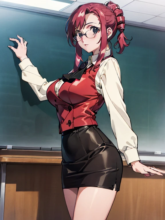 Solo, Sumire Yoshizawa (from persona 5, 1female, white skin, Japanese, red eyes, long red hair with bangs and ponytail, small breasts, glasses), anime, ((ecchi, lewd)) sitting at a desk, at school, (masterpiece, best quality, 8k, sharp focus, depth of field, best shadows, perfect lights, HDR, realistic skin texture, hyper detailed background), collegiate uniform, Shoulders showing, Panties
